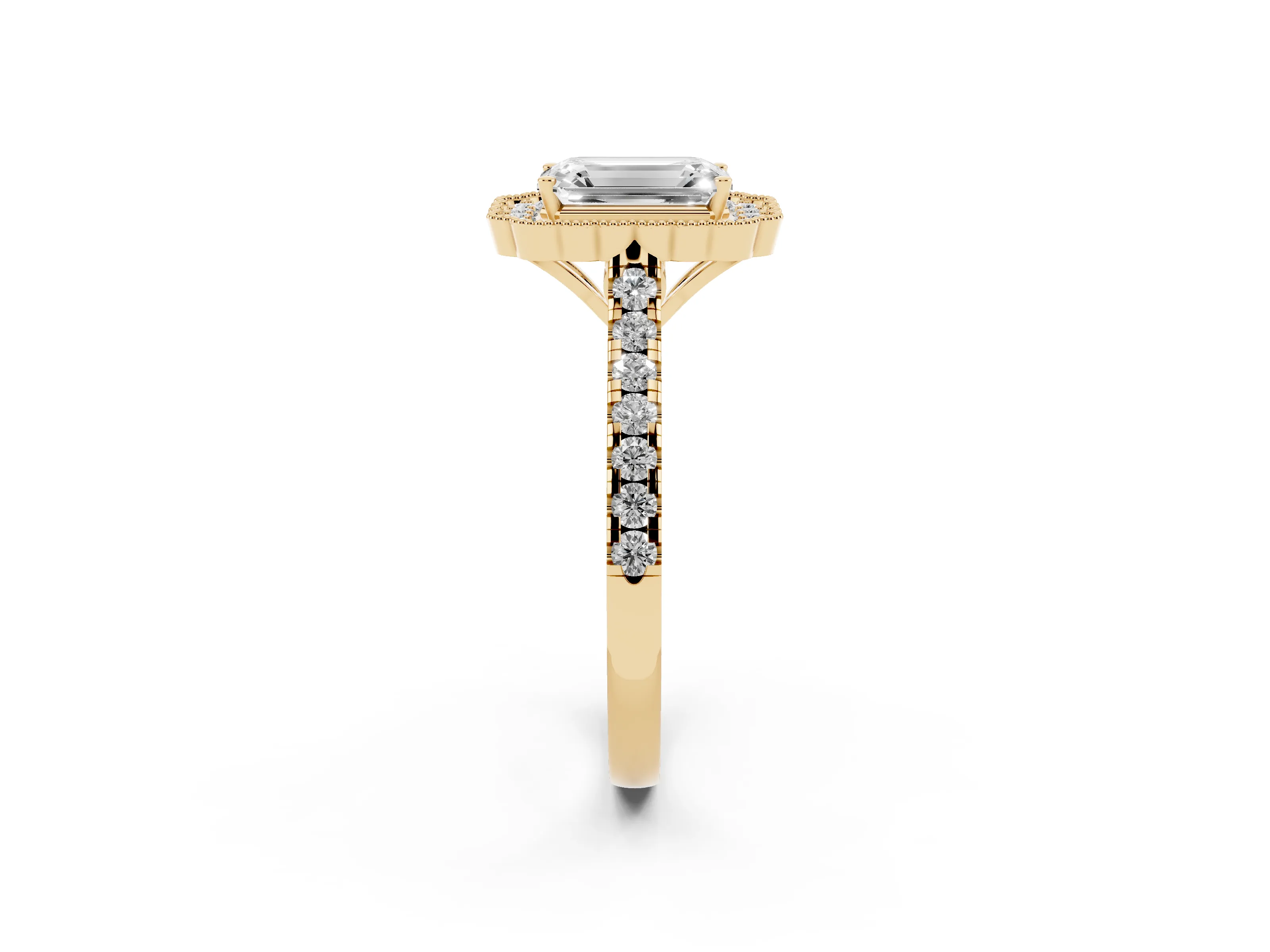 Emerald Cut Diamond Milgrain Floral Halo Engagement Ring Set in Yellow gold with Pavé Band