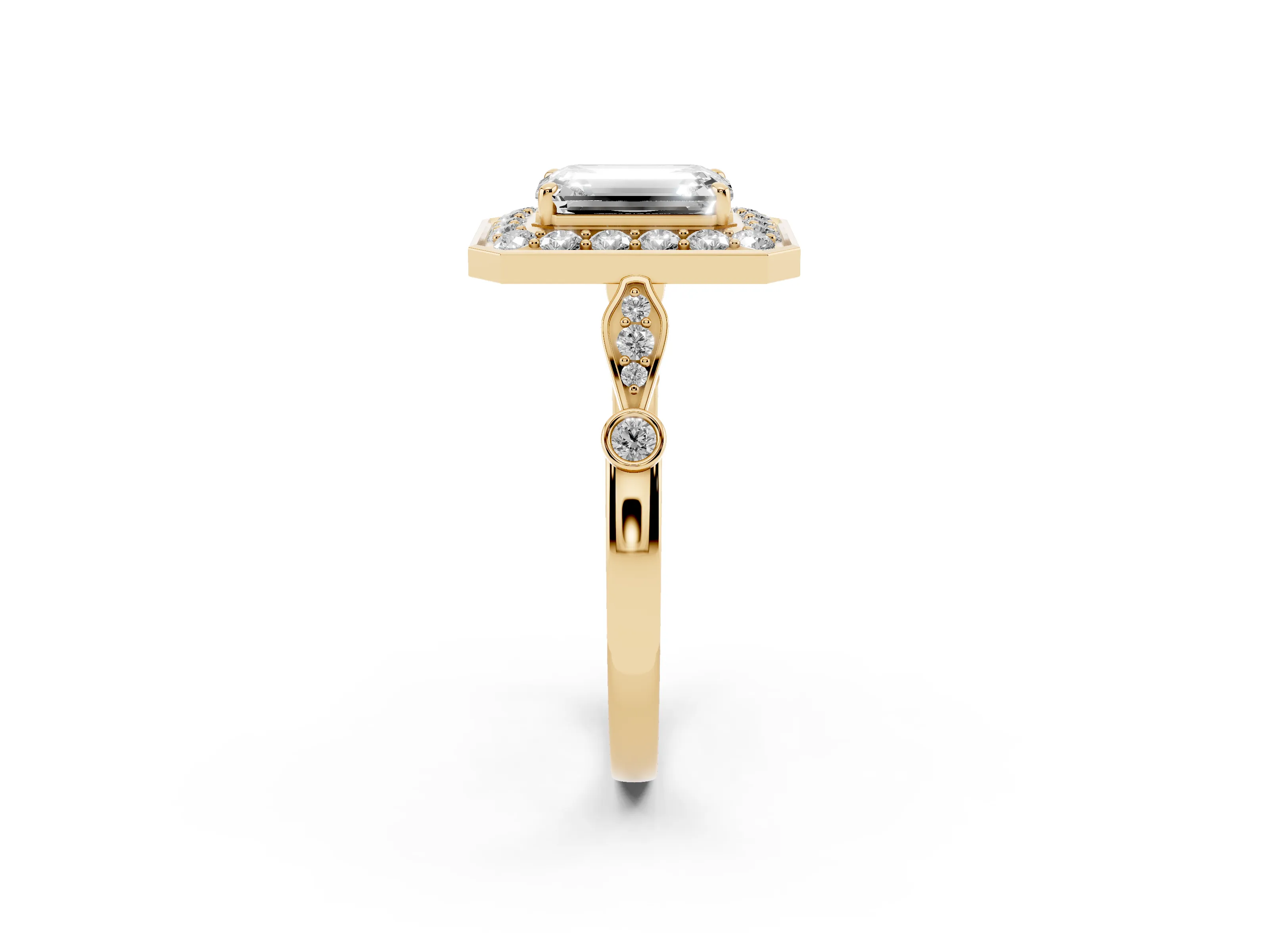Emerald Cut Diamond Halo Engagement Ring Set in Yellow gold with Twisted Band and Prong Setting