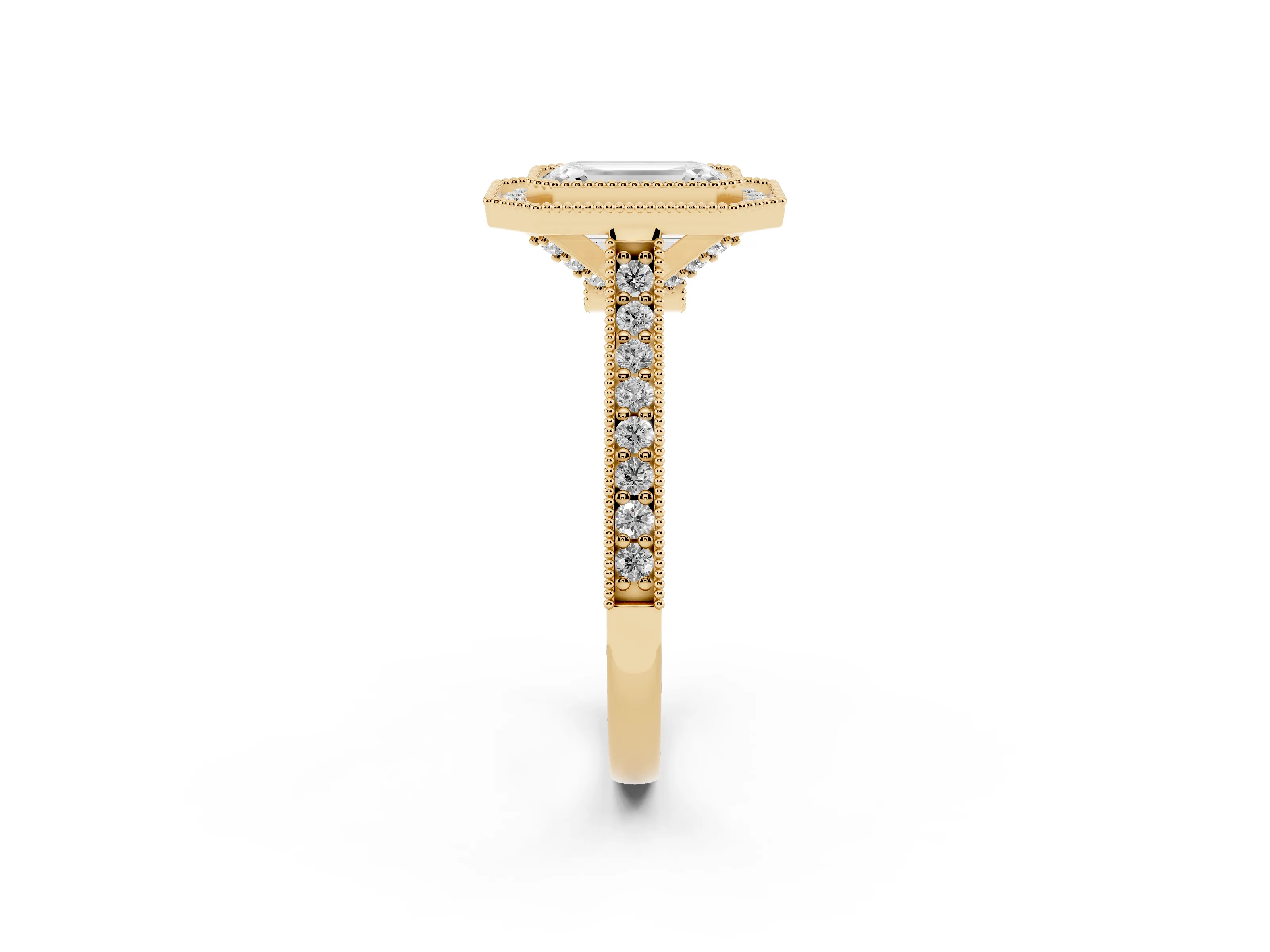 Emerald Cut Diamond Halo Milgrain Pavé Band Ring Set in Yellow gold with Prong Setting