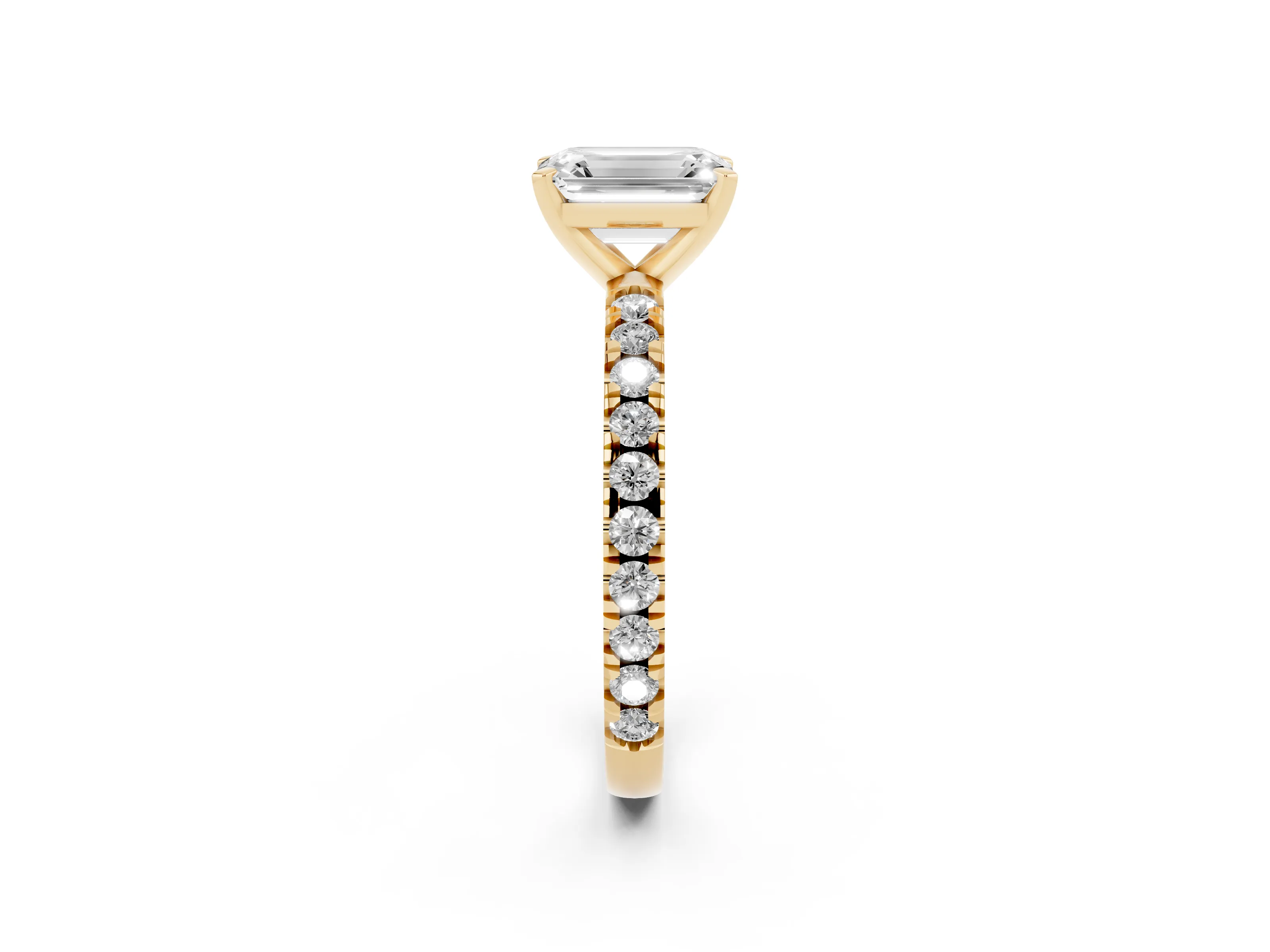 Emerald Cut Diamond Pavé Band Solitaire Set in Yellow gold with Prong Setting