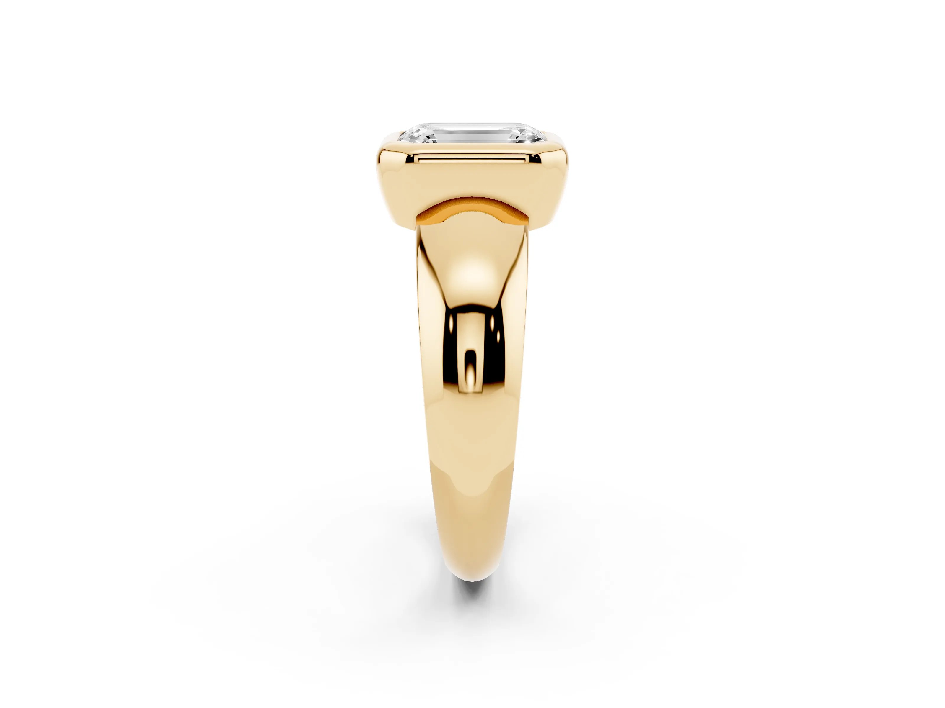 Bezel Set Emerald Cut Diamond Solitaire Ring Set in Yellow gold with Wide Band