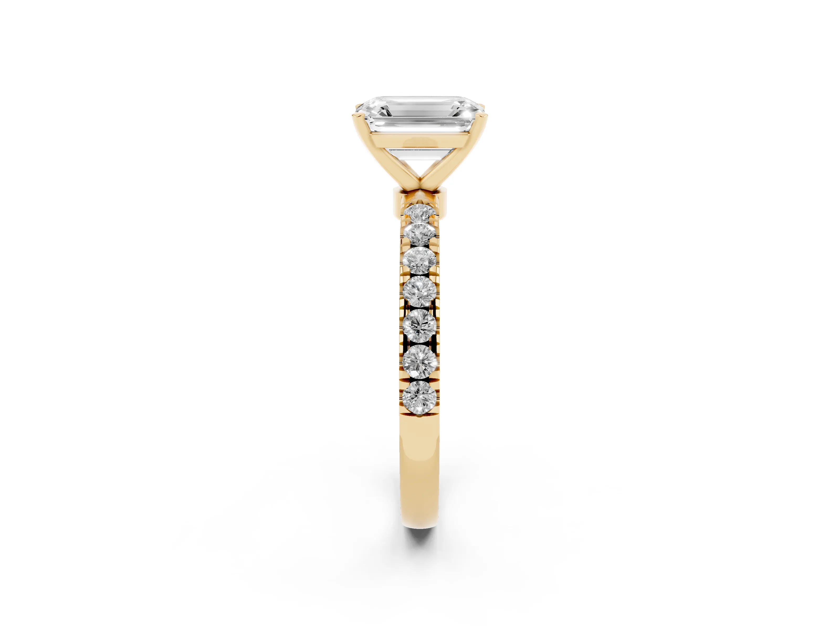 Emerald Cut Diamond Solitaire Ring Set in Yellow gold with Pavé Accents and Prong Setting
