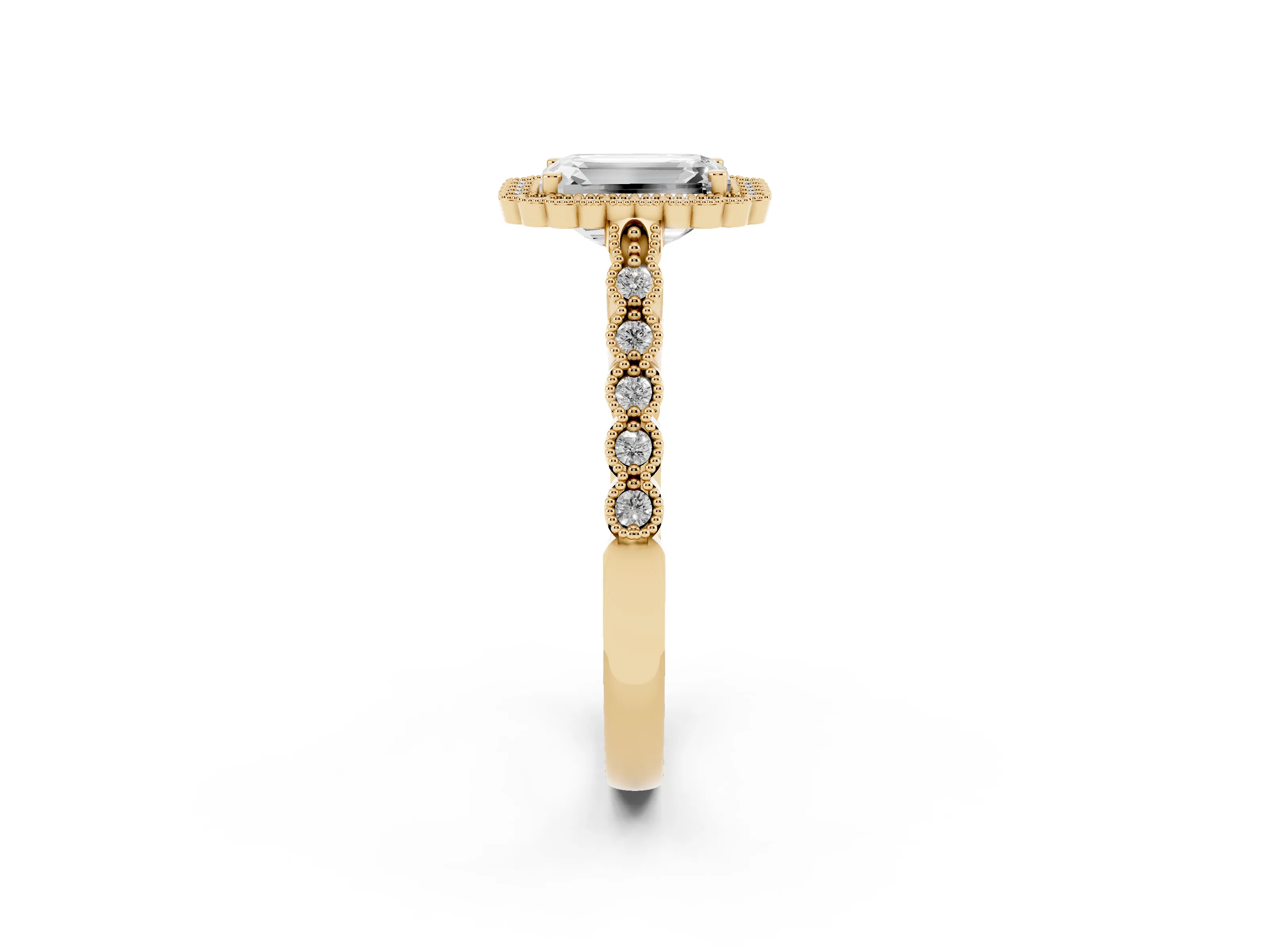 Emerald Cut Diamond Halo Ring Set in Yellow gold with Pavé Milgrain Band