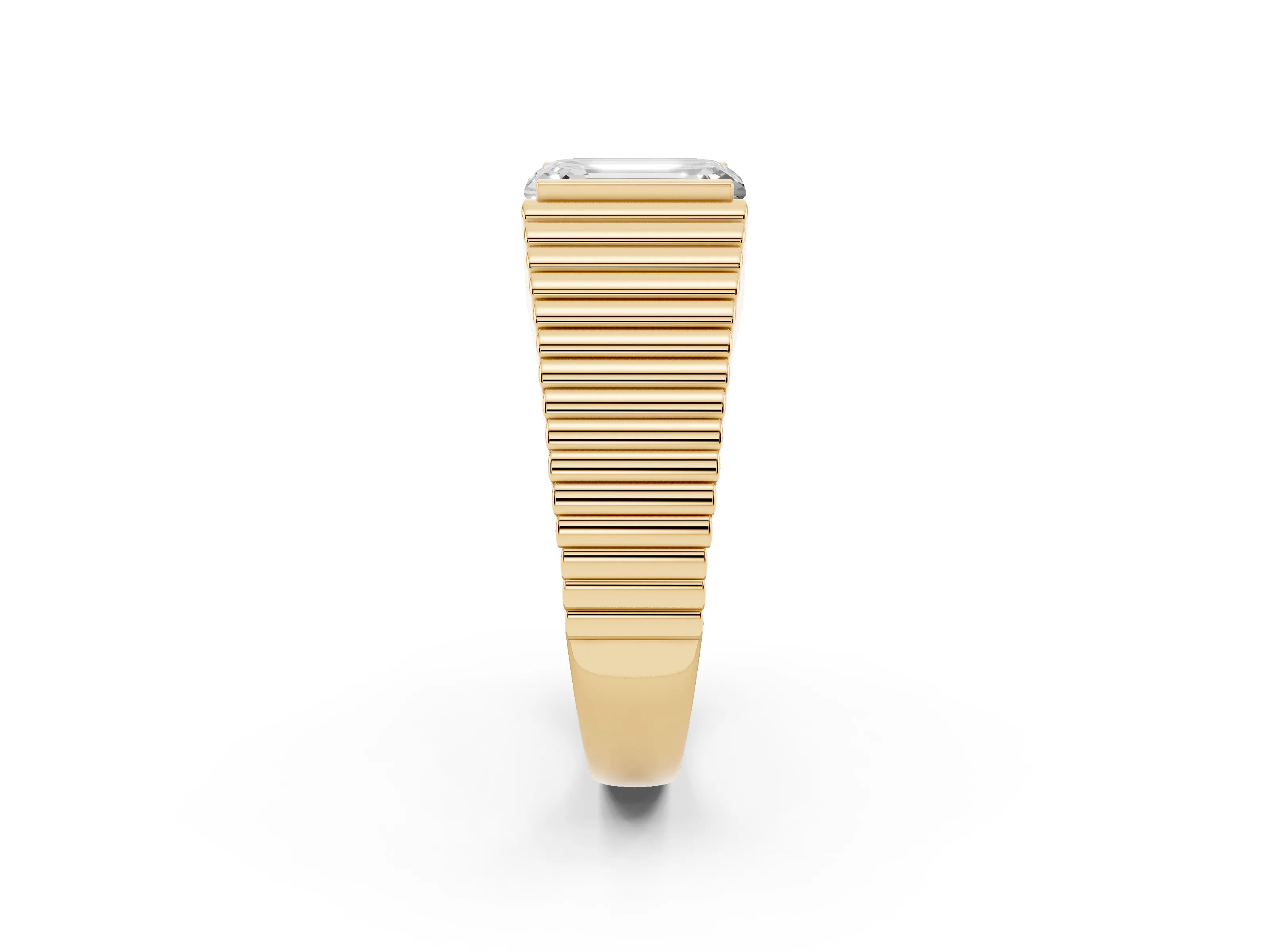 Emerald Cut Diamond Mens Ring Set in Yellow gold with Fluted Band