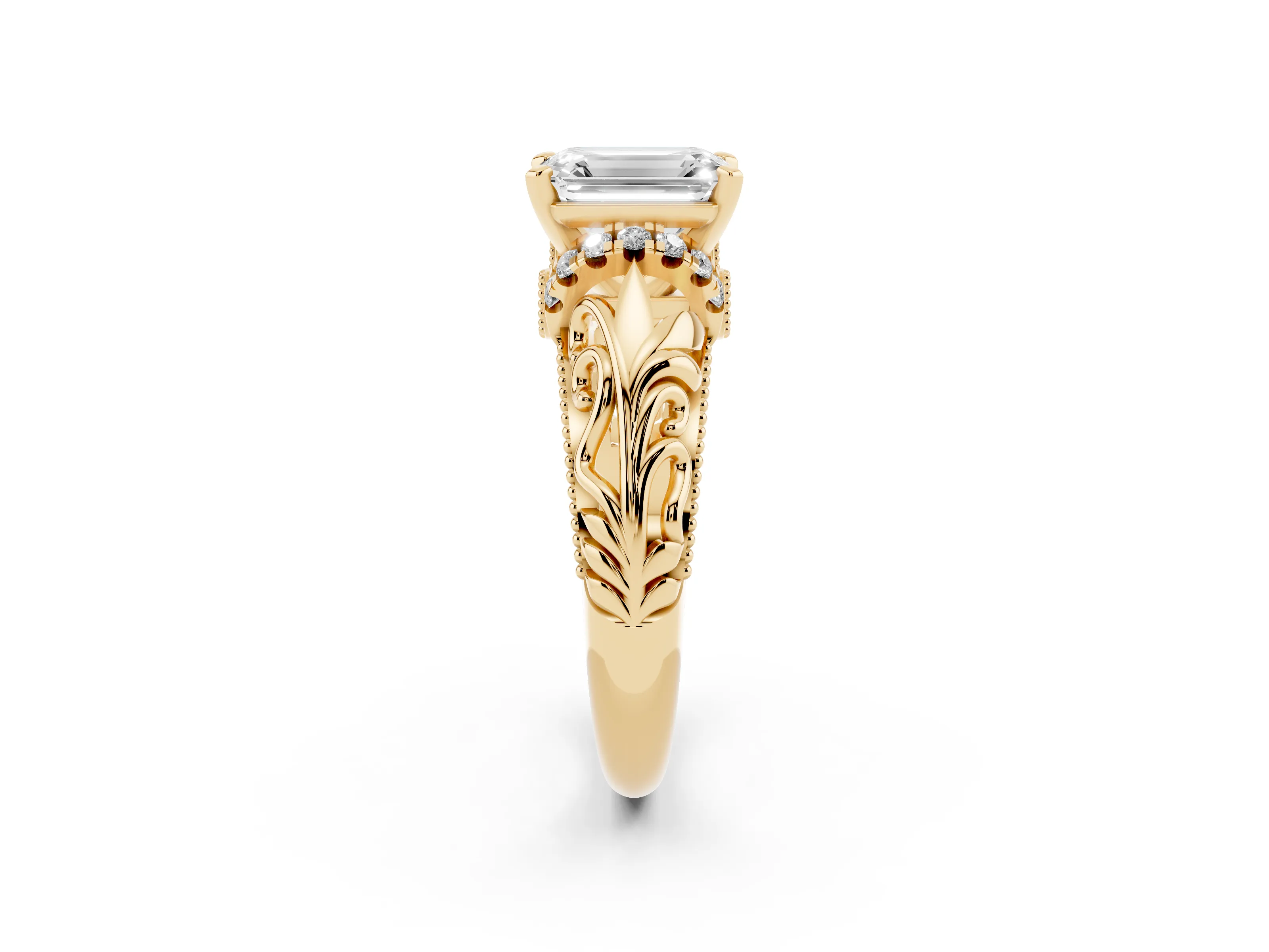 Emerald Cut Diamond Filigree Halo Engagement Ring Set in Yellow gold with Prong Setting