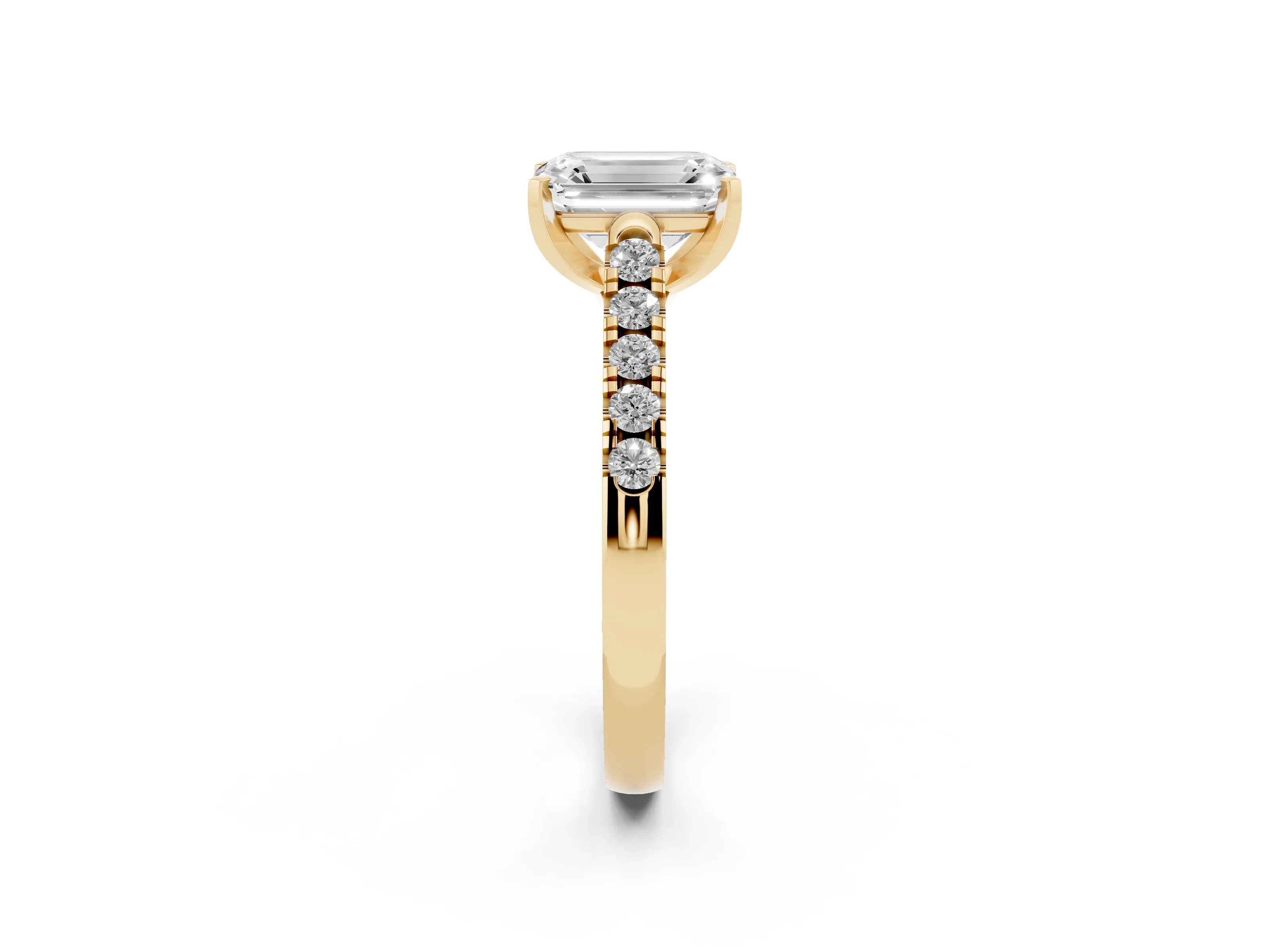 Emerald Cut Diamond Pavé Band Solitaire Ring Set in Yellow gold with Partway Accent Stones and Prong Setting