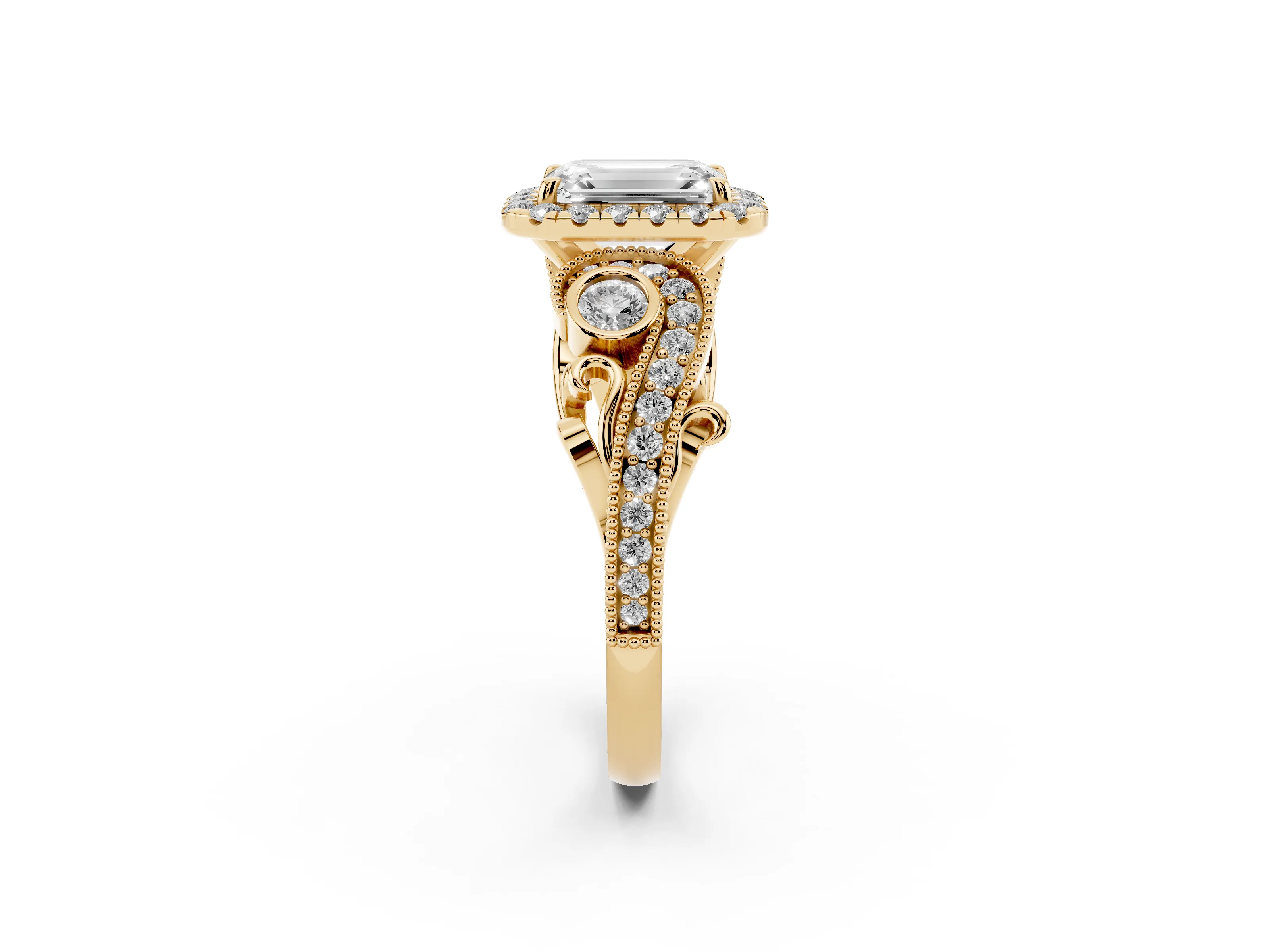 Emerald Cut Diamond Halo Ring Set in Yellow gold with Milgrain Pavé Band and Prong Setting