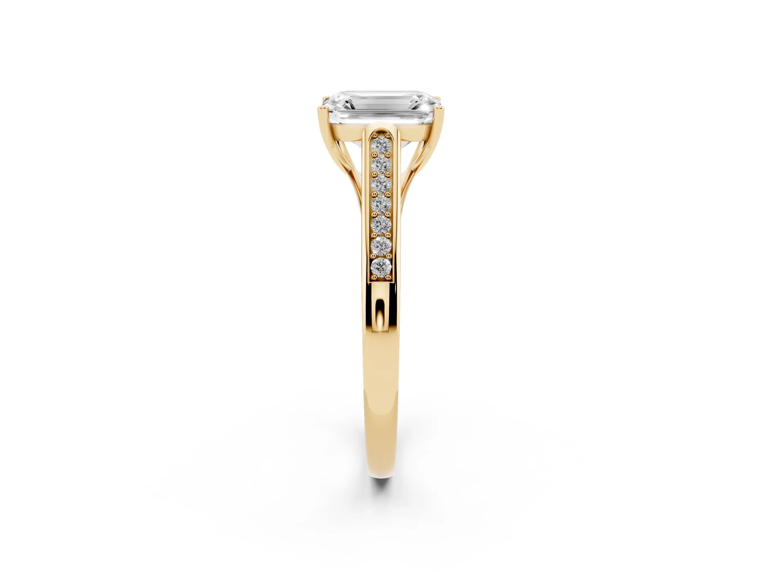 Emerald Cut Diamond Solitaire Cathedral Engagement Ring Set in Yellow gold with Channel-Set Band and Prong Setting