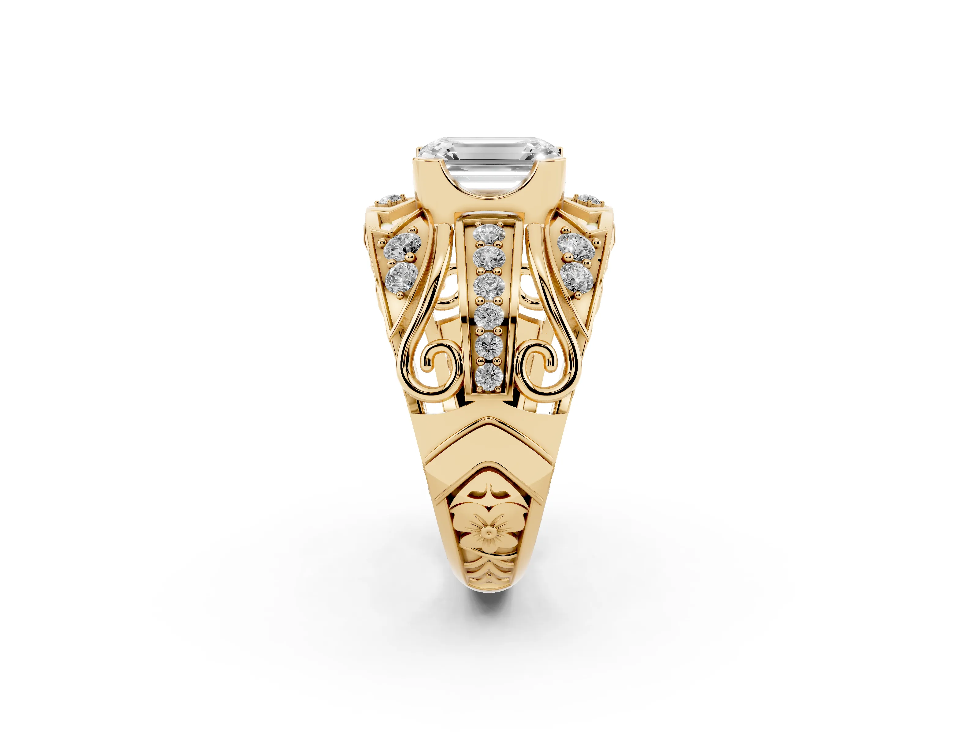 Emerald Cut Diamond Art Deco Ring Set in Yellow gold with Pavé Split Shank