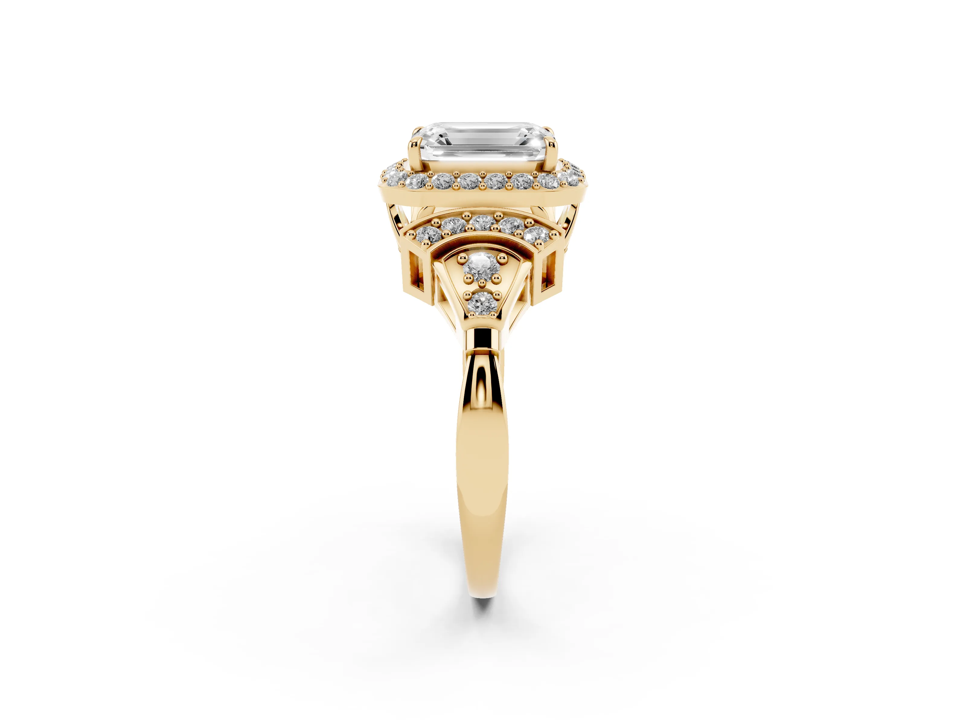 Emerald Cut Diamond Halo Engagement Ring Set in Yellow gold with Accent Stone Split Shank