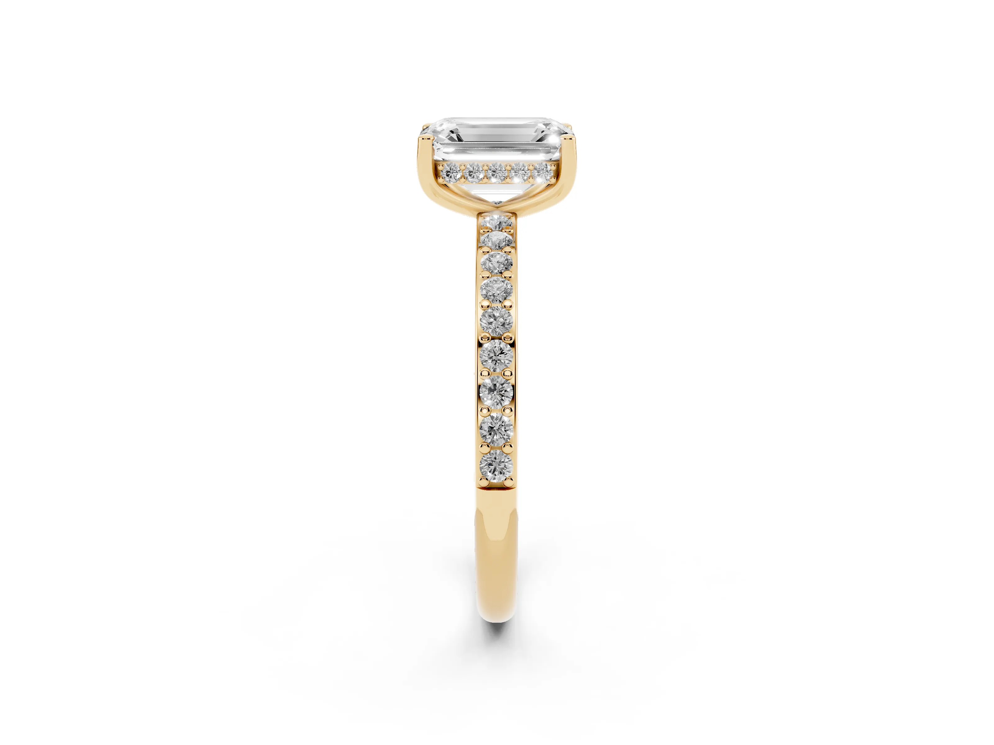 Emerald Cut Diamond Pavé Band Ring Set in Yellow gold with Prong-Set Center Stone