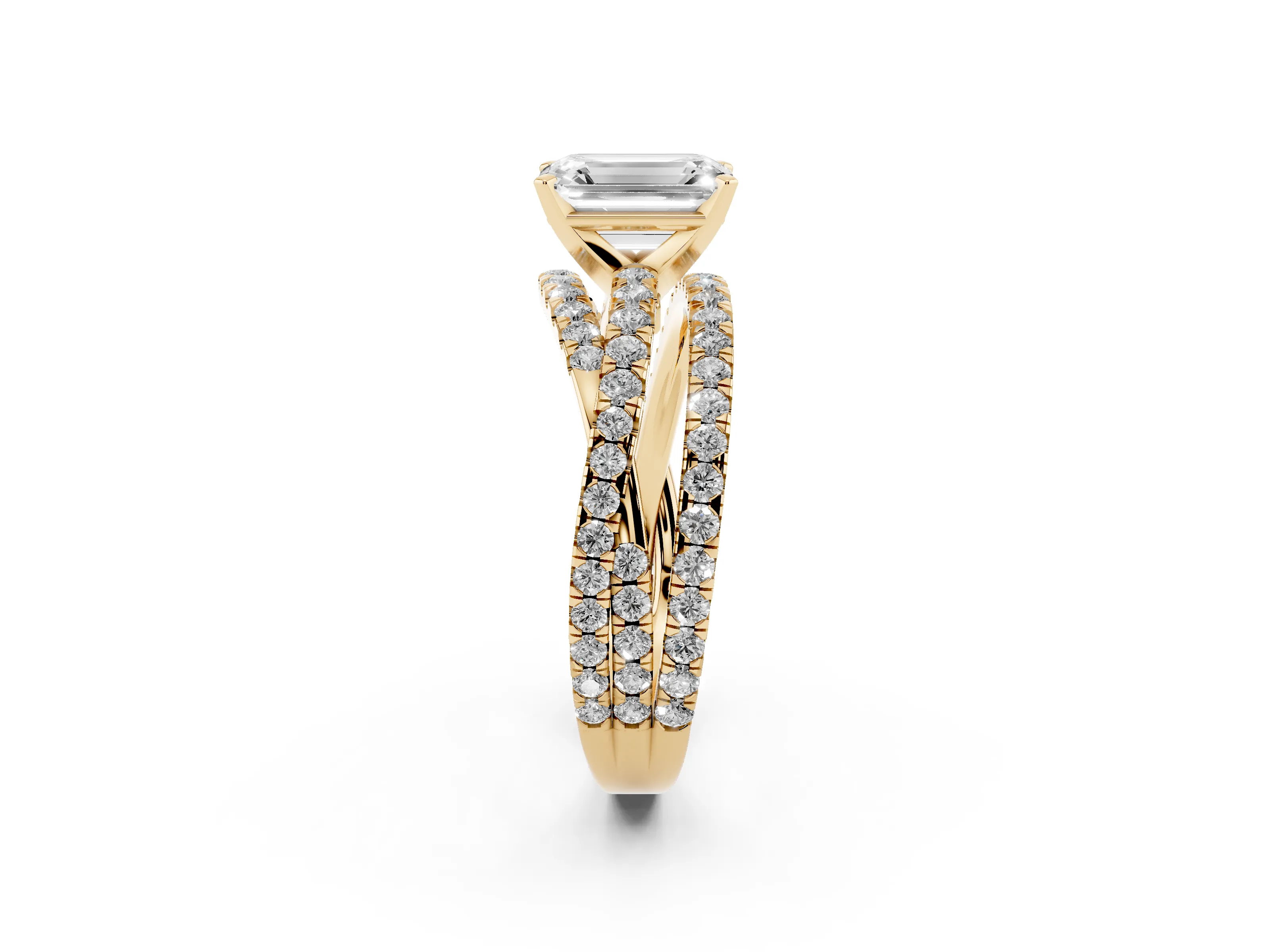 Emerald Cut Diamond Solitaire Twist Band Ring Set in Yellow gold with Pavé Setting and Prong Head