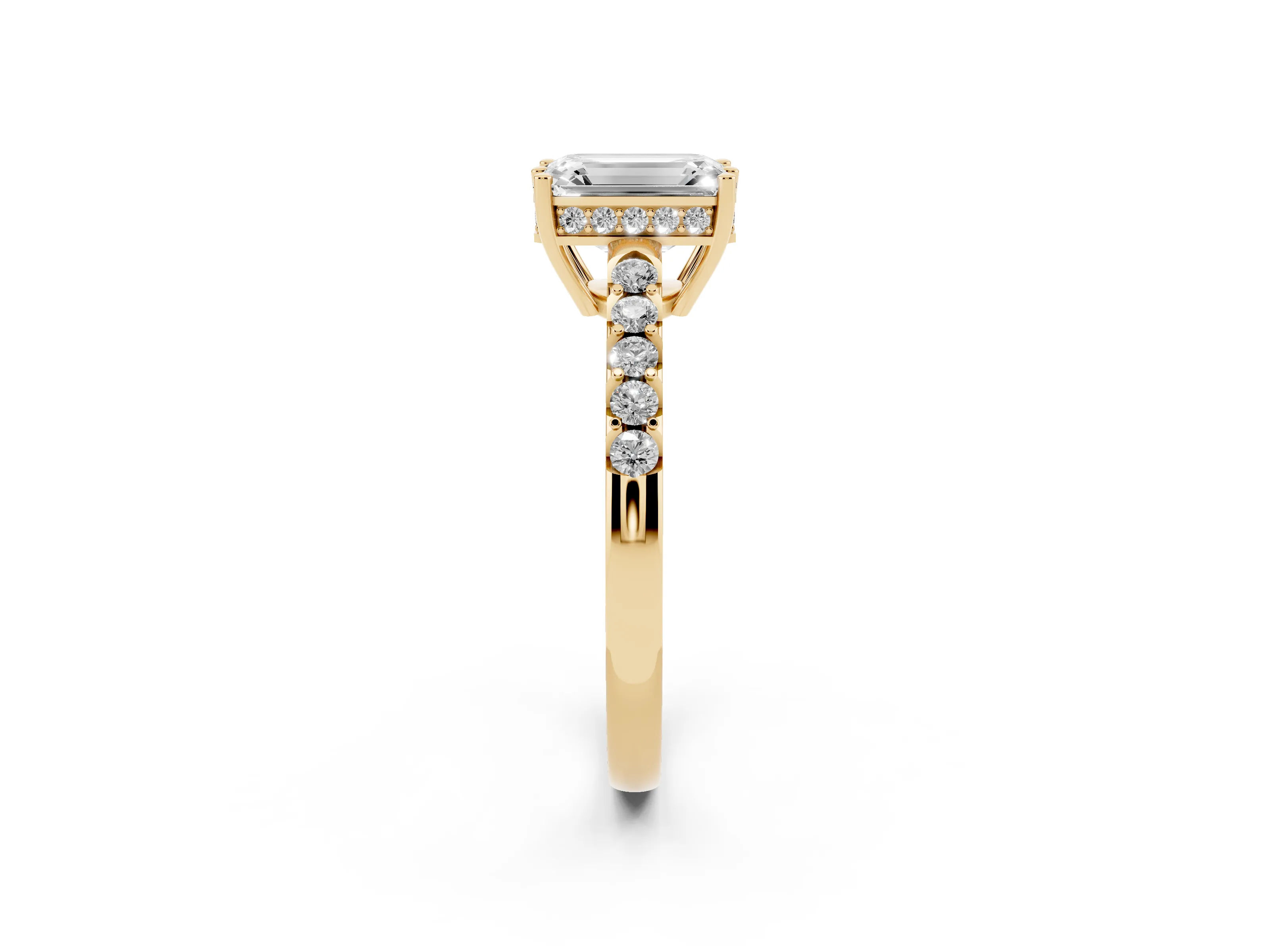 Emerald Cut Diamond Solitaire Engagement Ring Set in Yellow gold with Pavé Band and Prong Setting
