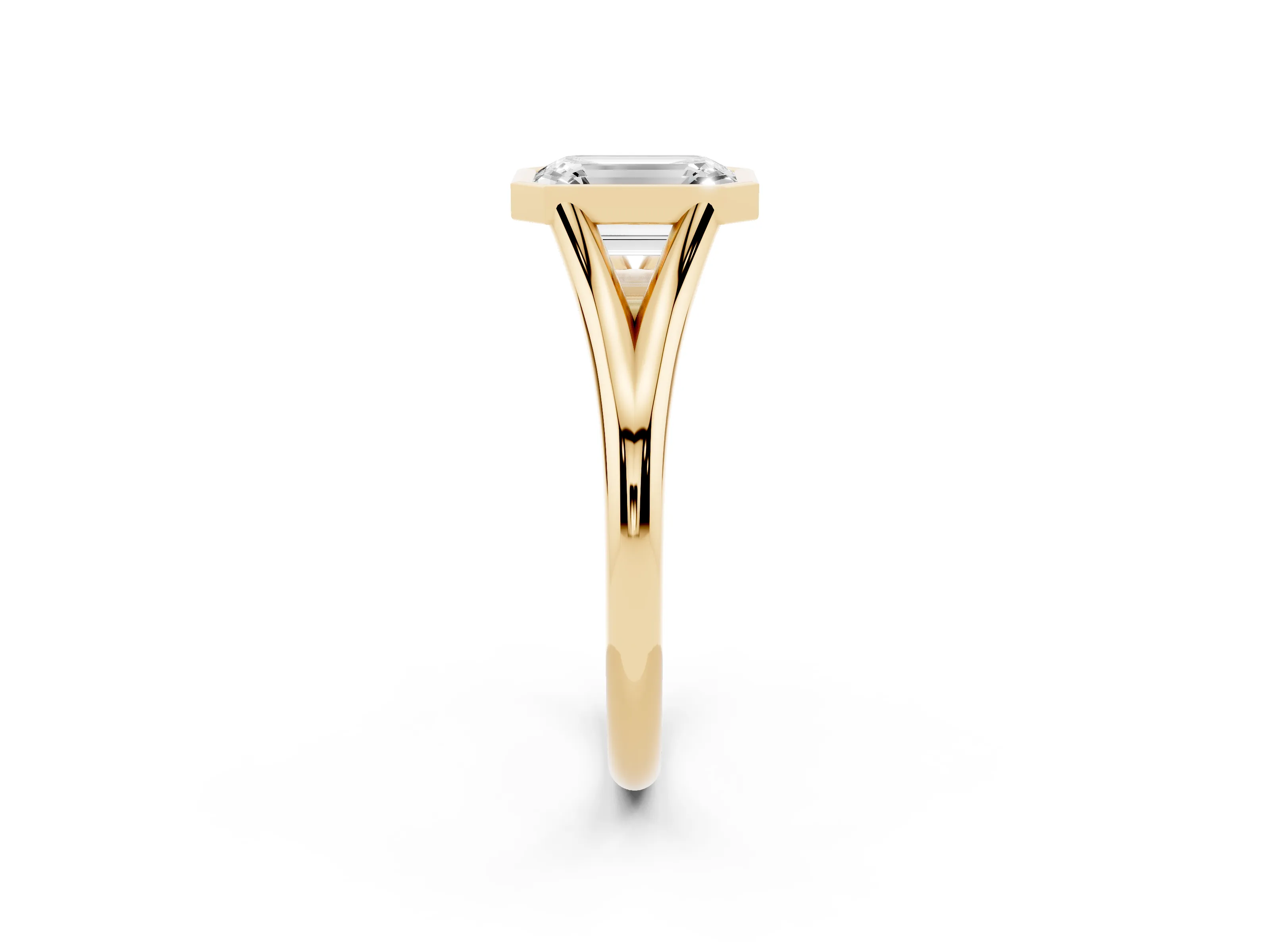 Bezel Set Emerald Cut Diamond Solitaire Ring Set in Yellow gold with Tapered Band