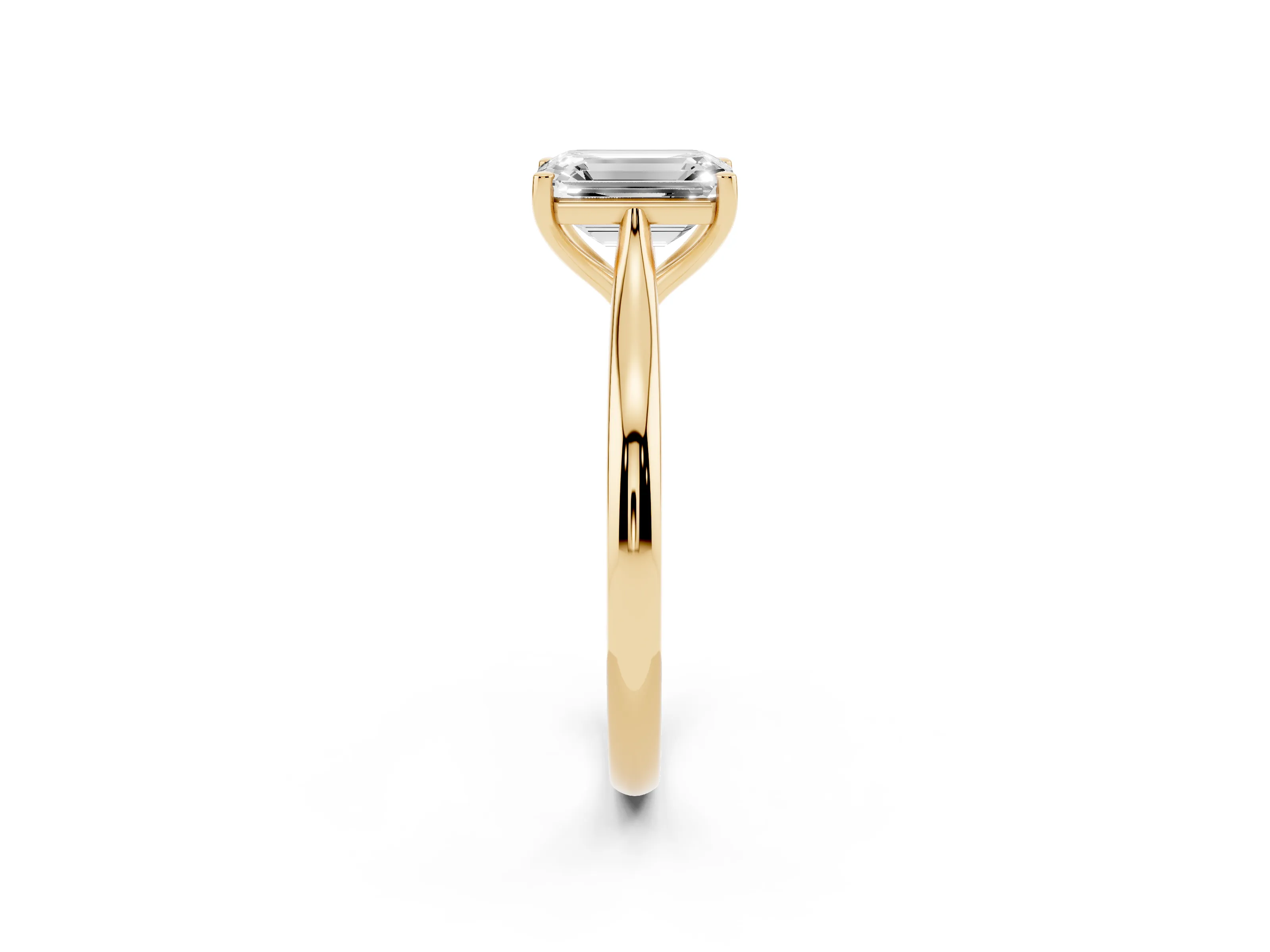 Emerald Cut Diamond Solitaire Ring Set in Yellow gold with Cathedral Band and Prong Setting