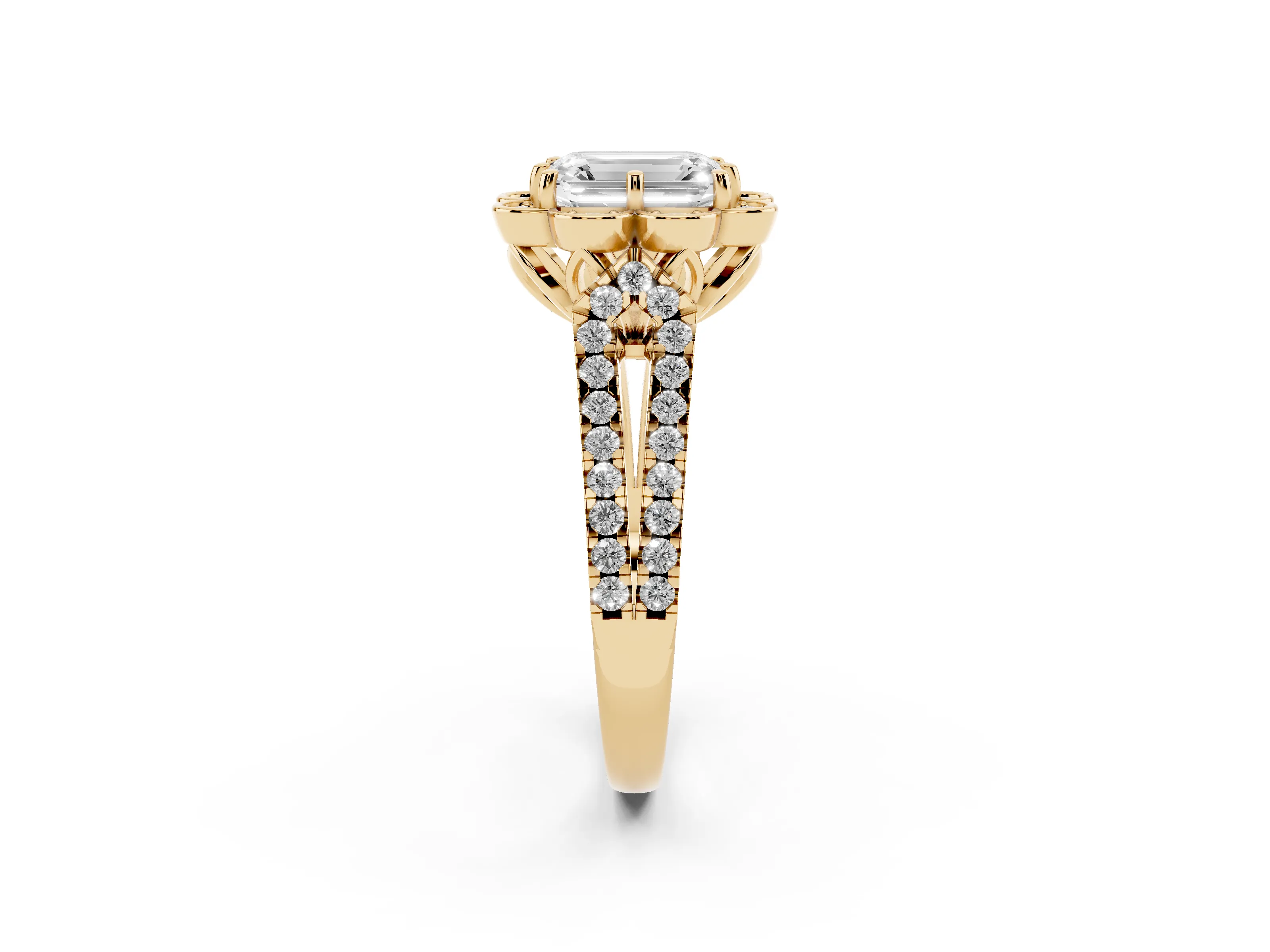 Emerald Cut Diamond Floral Halo Split Shank Engagement Ring Set in Yellow gold with Pavé Shank