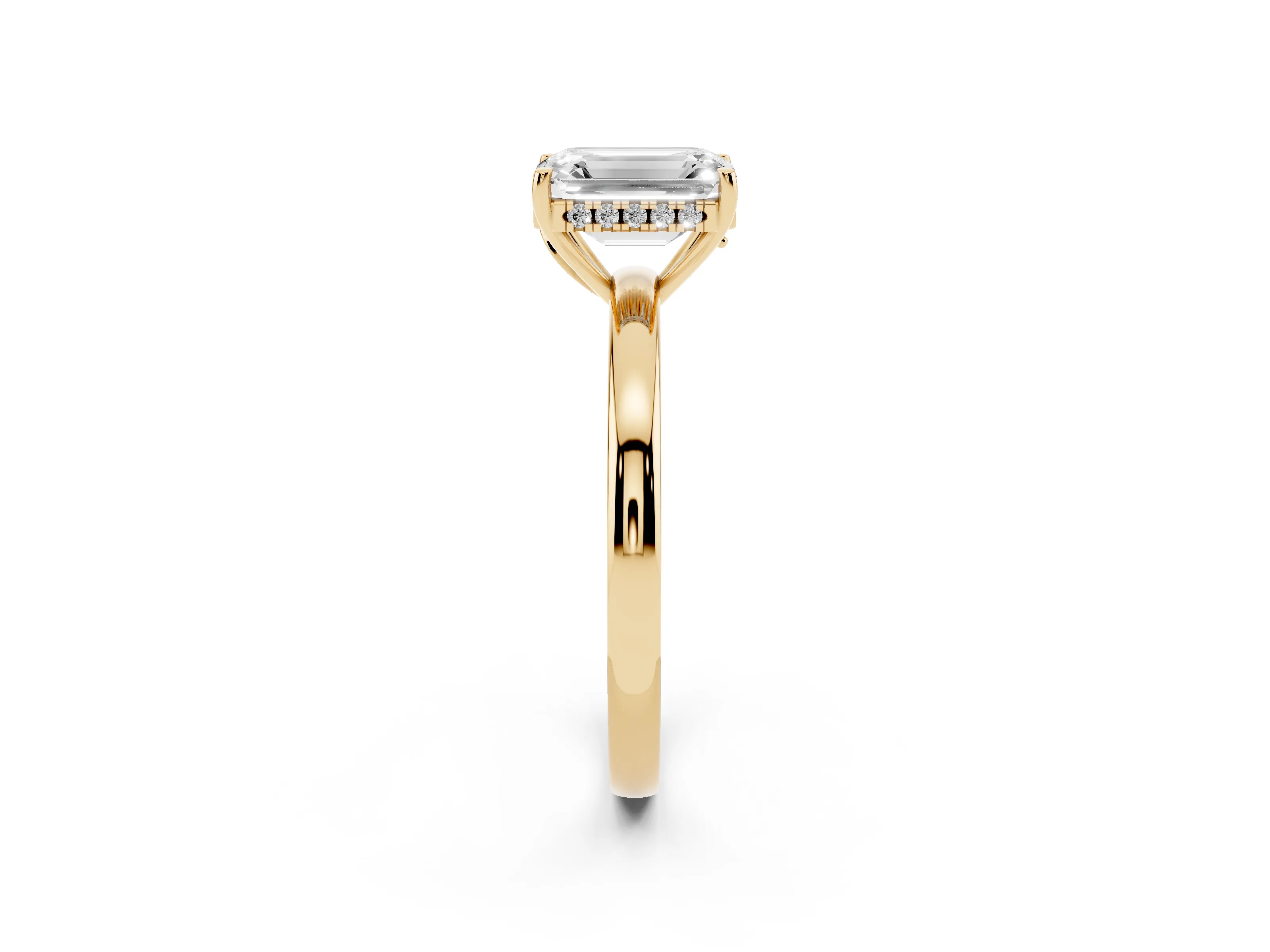Emerald Cut Diamond Solitaire Ring Set in Yellow gold with Plain Band and Prong Setting