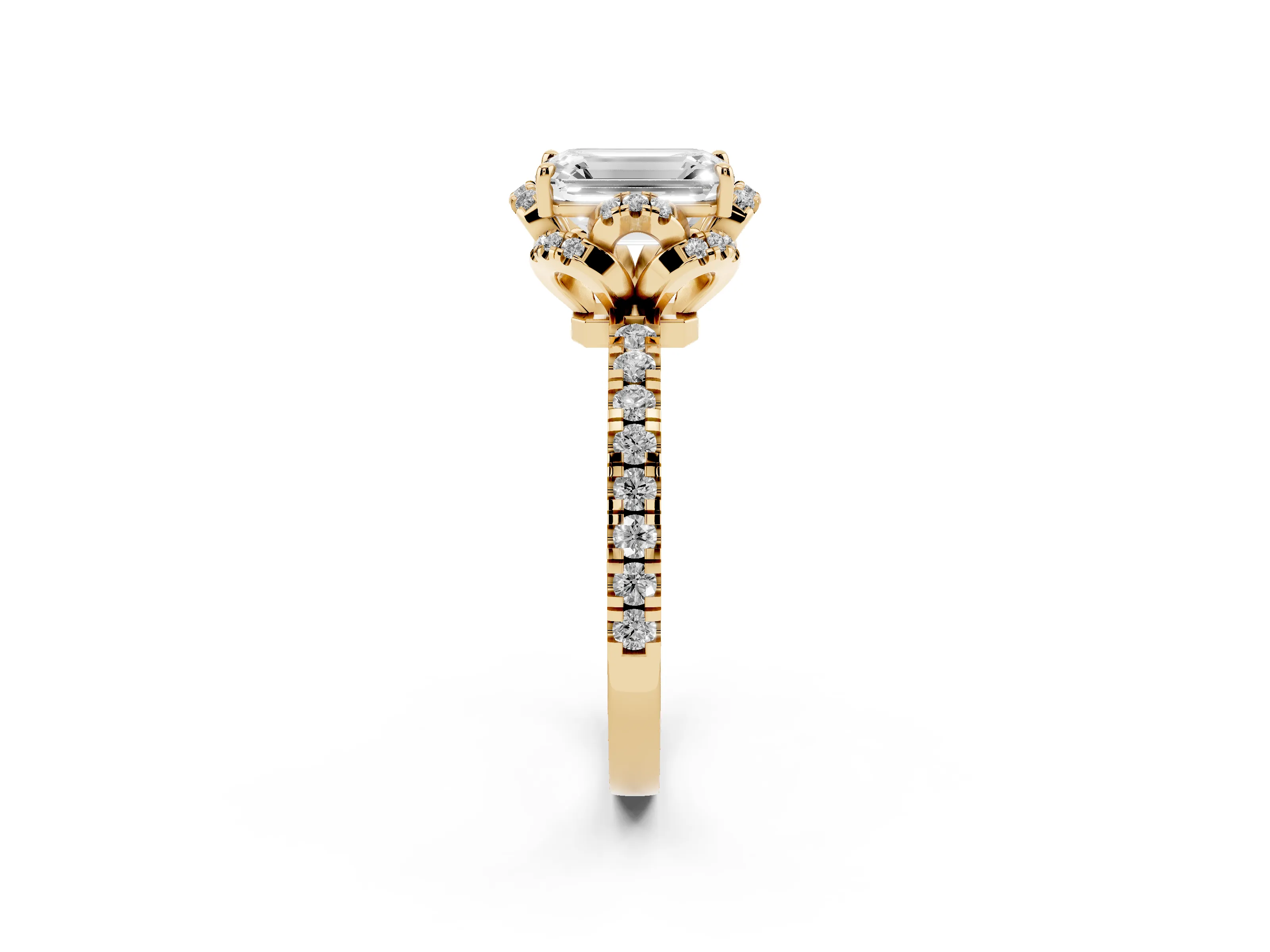 Emerald Cut Diamond Halo Pavé Band Ring Set in Yellow gold with Prong-Held Center