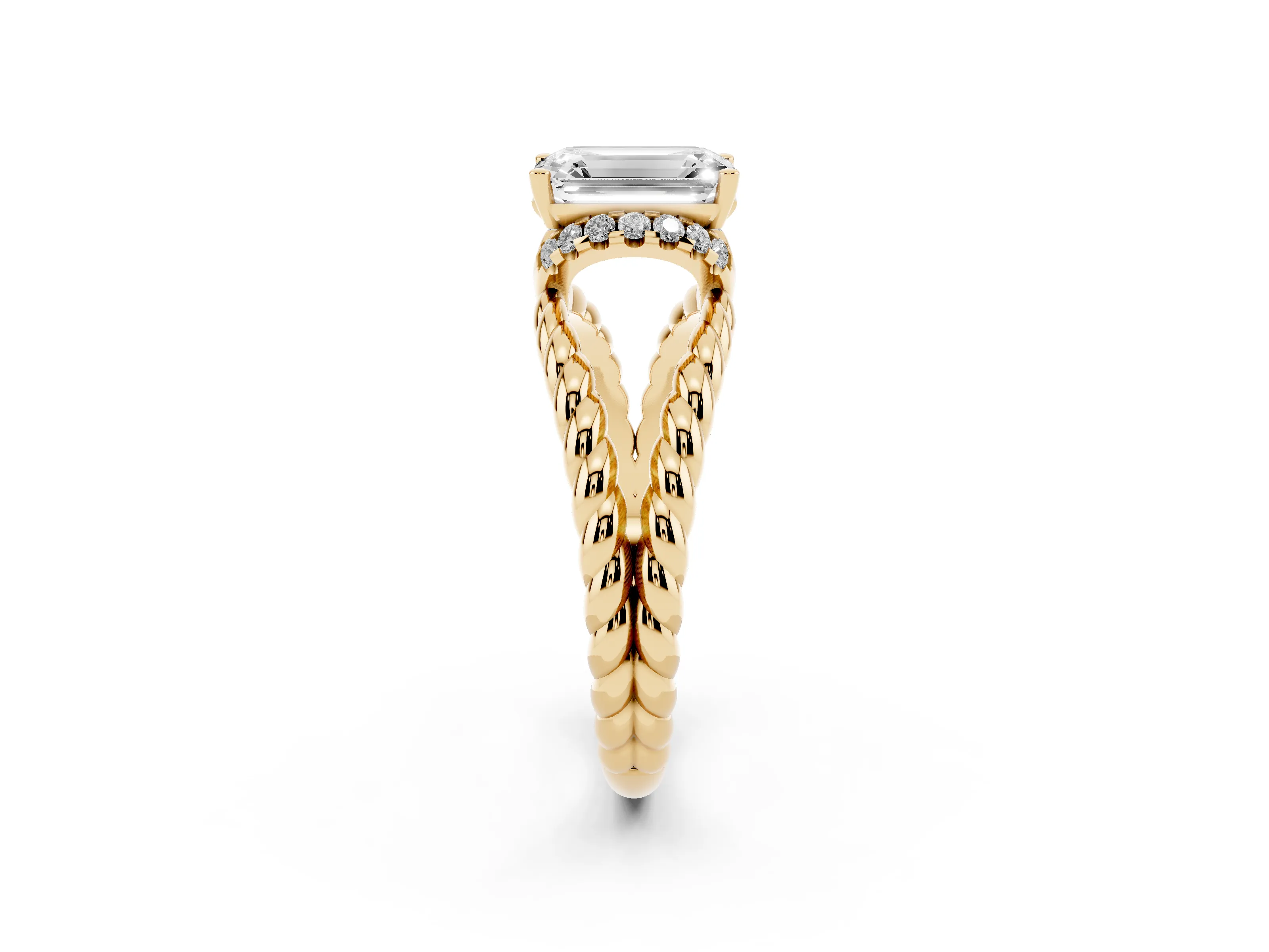 Emerald Cut Diamond Halo Ring Set in Yellow gold with Twisted Band and Prong Setting