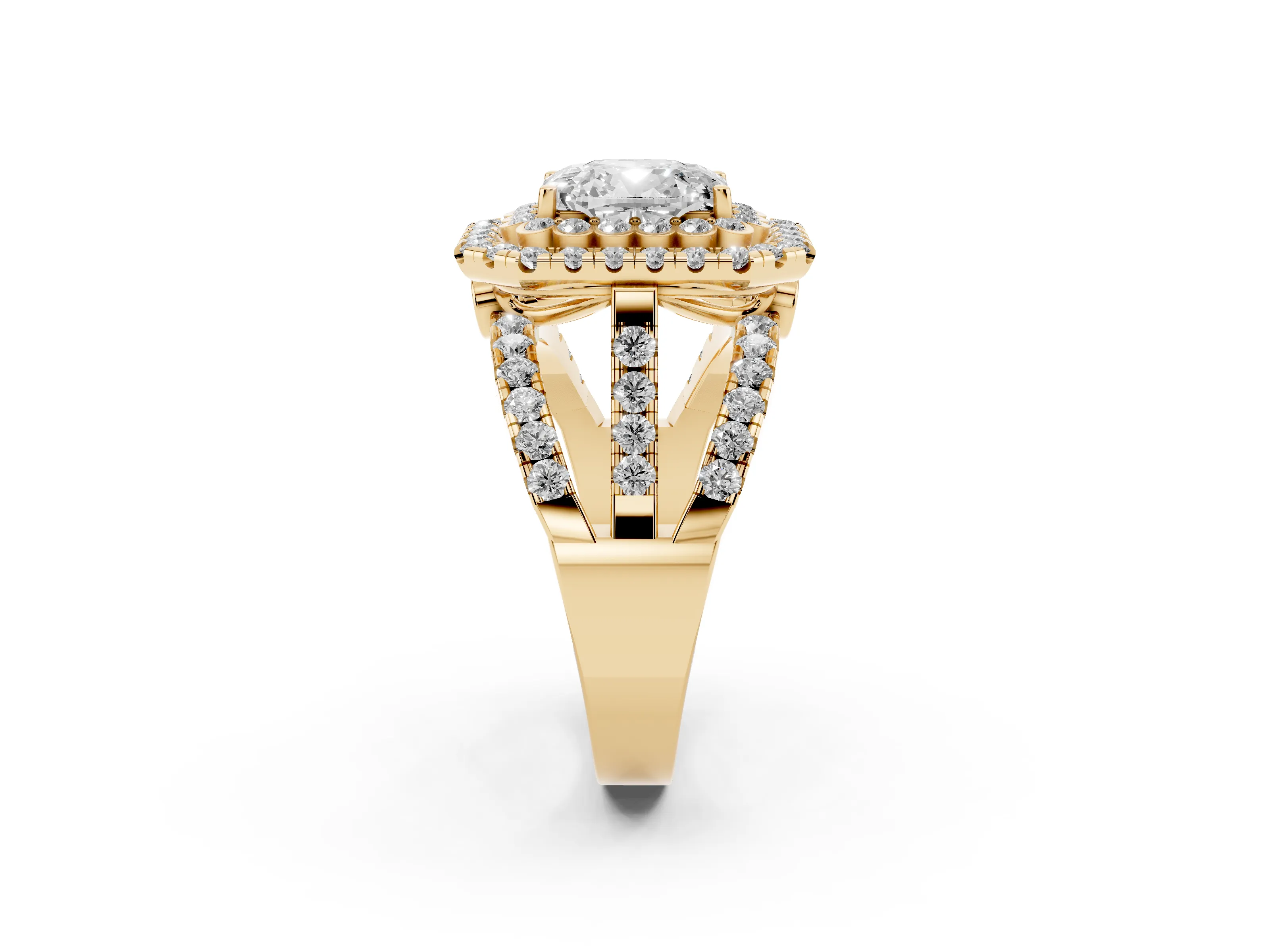 Emerald Cut Diamond Double Halo Ring Set in Yellow gold with Round Pavé Split Shank