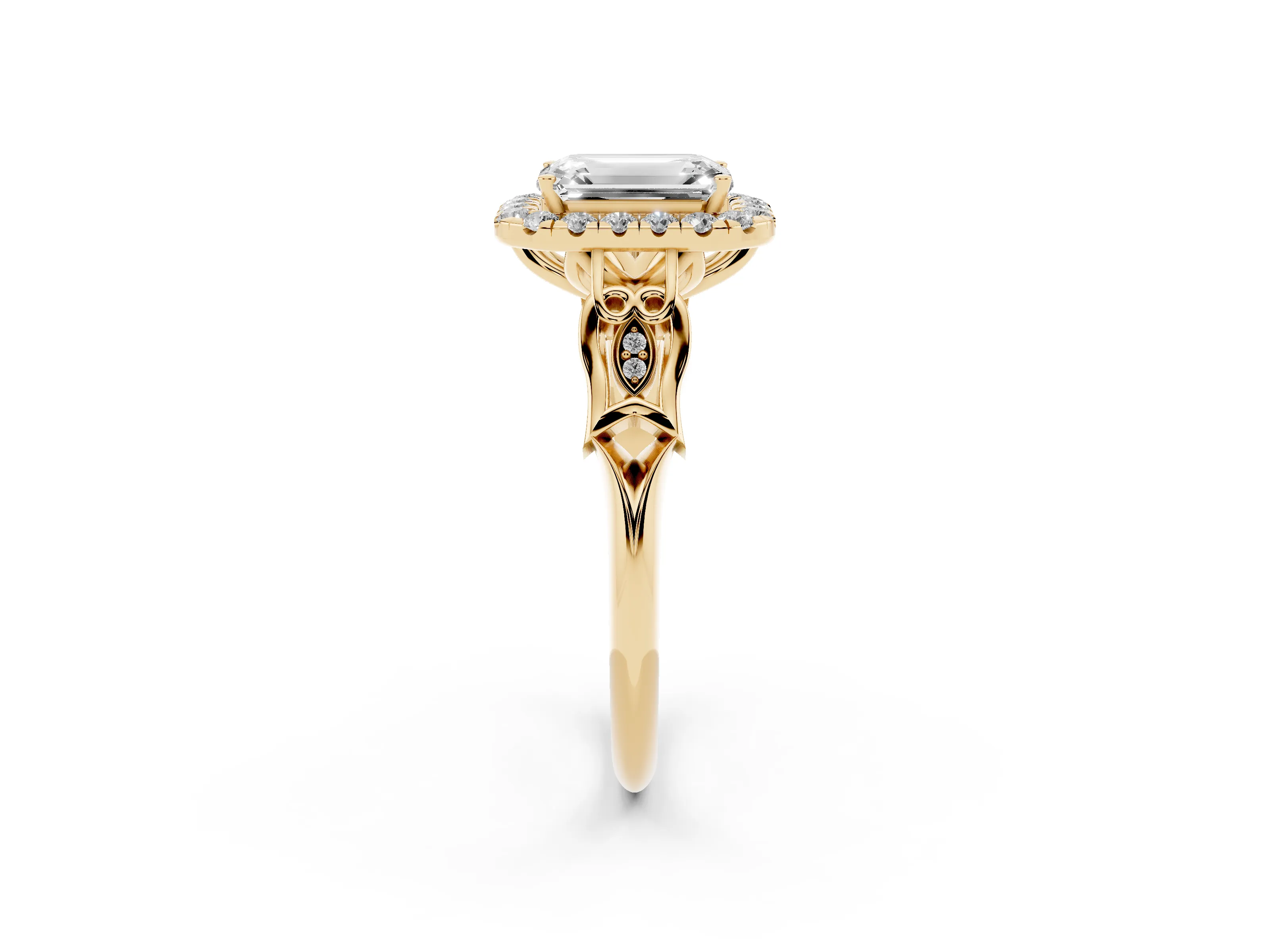 Emerald Cut Diamond Halo Engagement Ring Set in Yellow gold with Filigree Band and Prong-Set Center