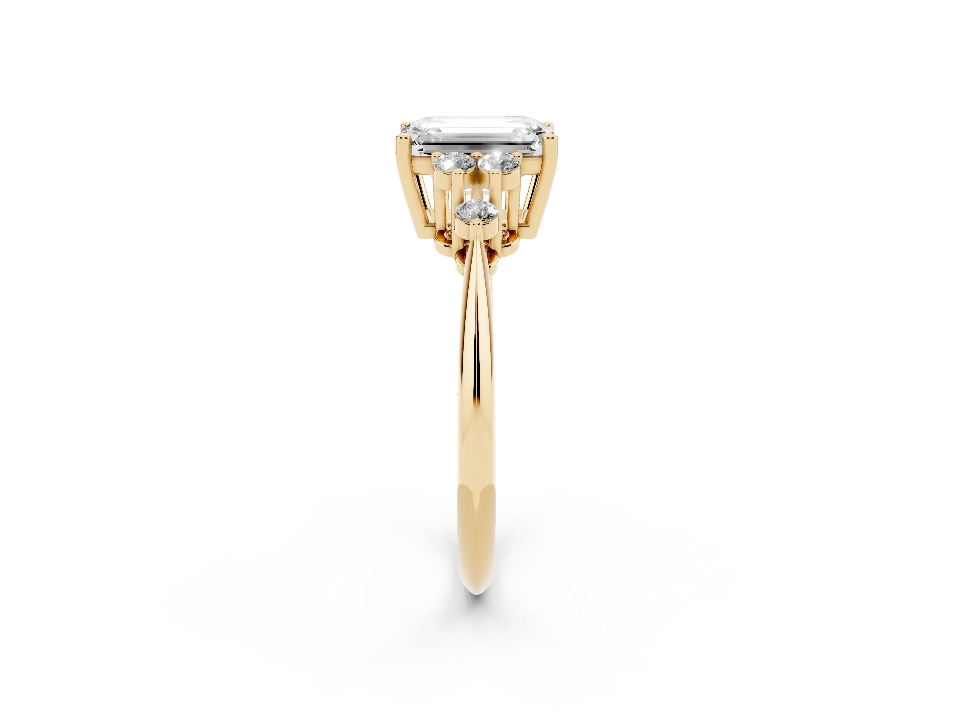 Emerald Cut Diamond Cluster Ring Set in Yellow gold with Plain Band and Prong Setting