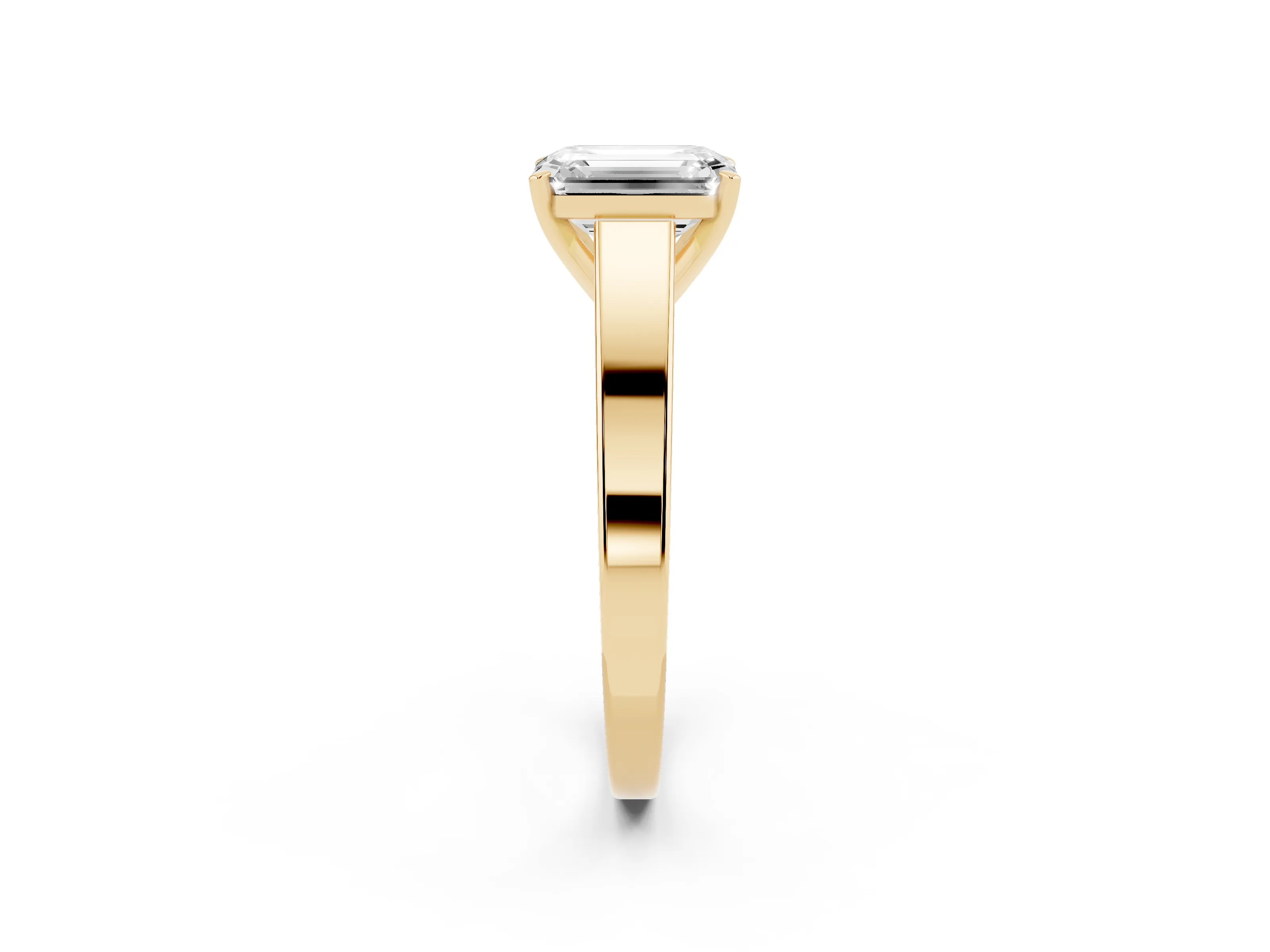Emerald Cut Diamond Solitaire Engagement Ring Set in Yellow gold with Prong Setting and Tapered Band