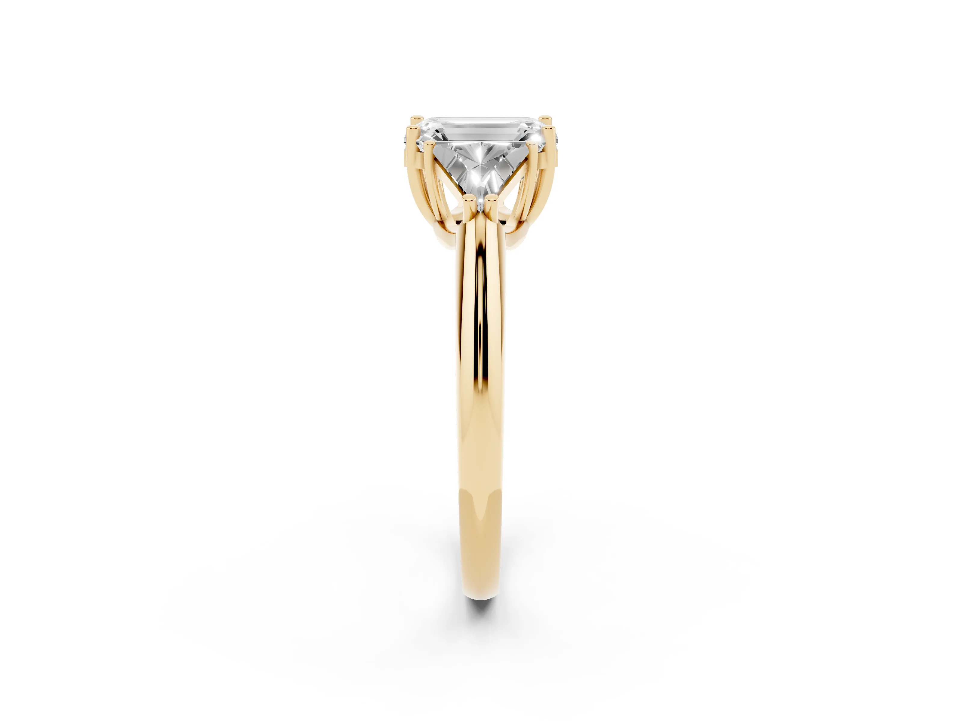 Emerald Cut Diamond Three-Stone Engagement Ring Set in Yellow gold with Trillion Side Stones