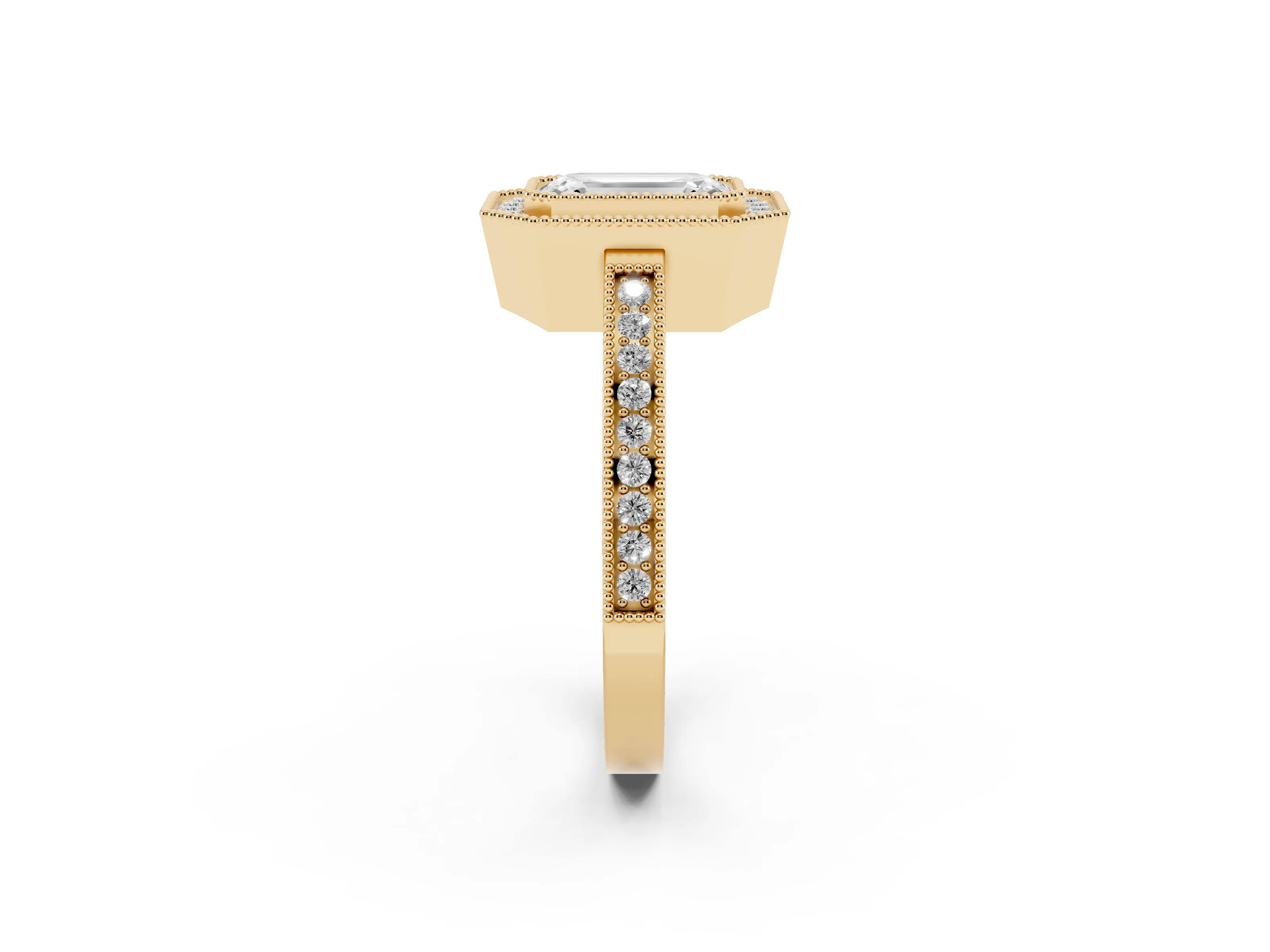 Emerald Cut Diamond Halo Ring Set in Yellow gold with Pavé Band and Milgrain-Edged Prongs