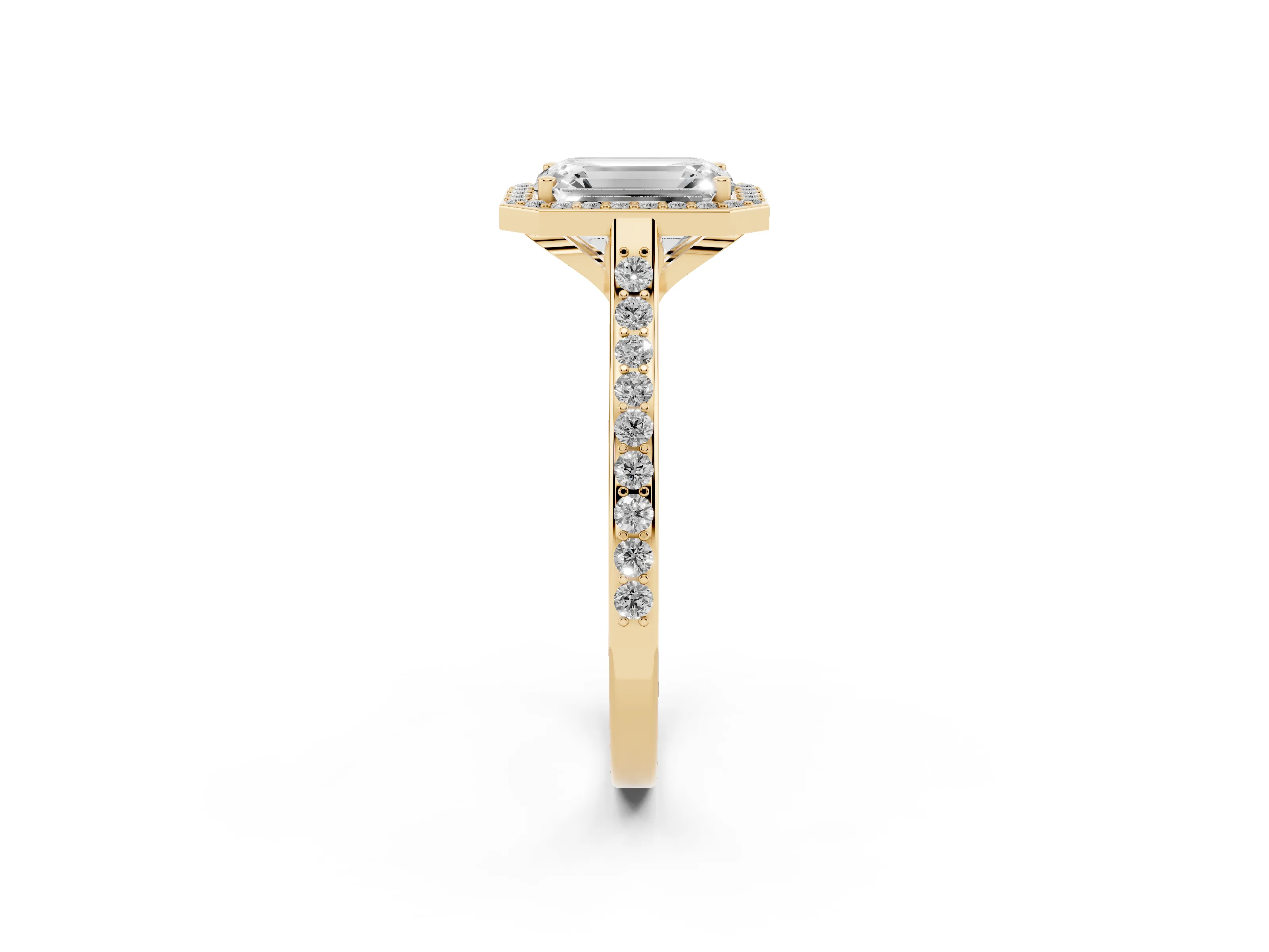 Emerald Cut Diamond Halo Engagement Ring Set in Yellow gold with Round Pavé Shoulders and Heart Gallery