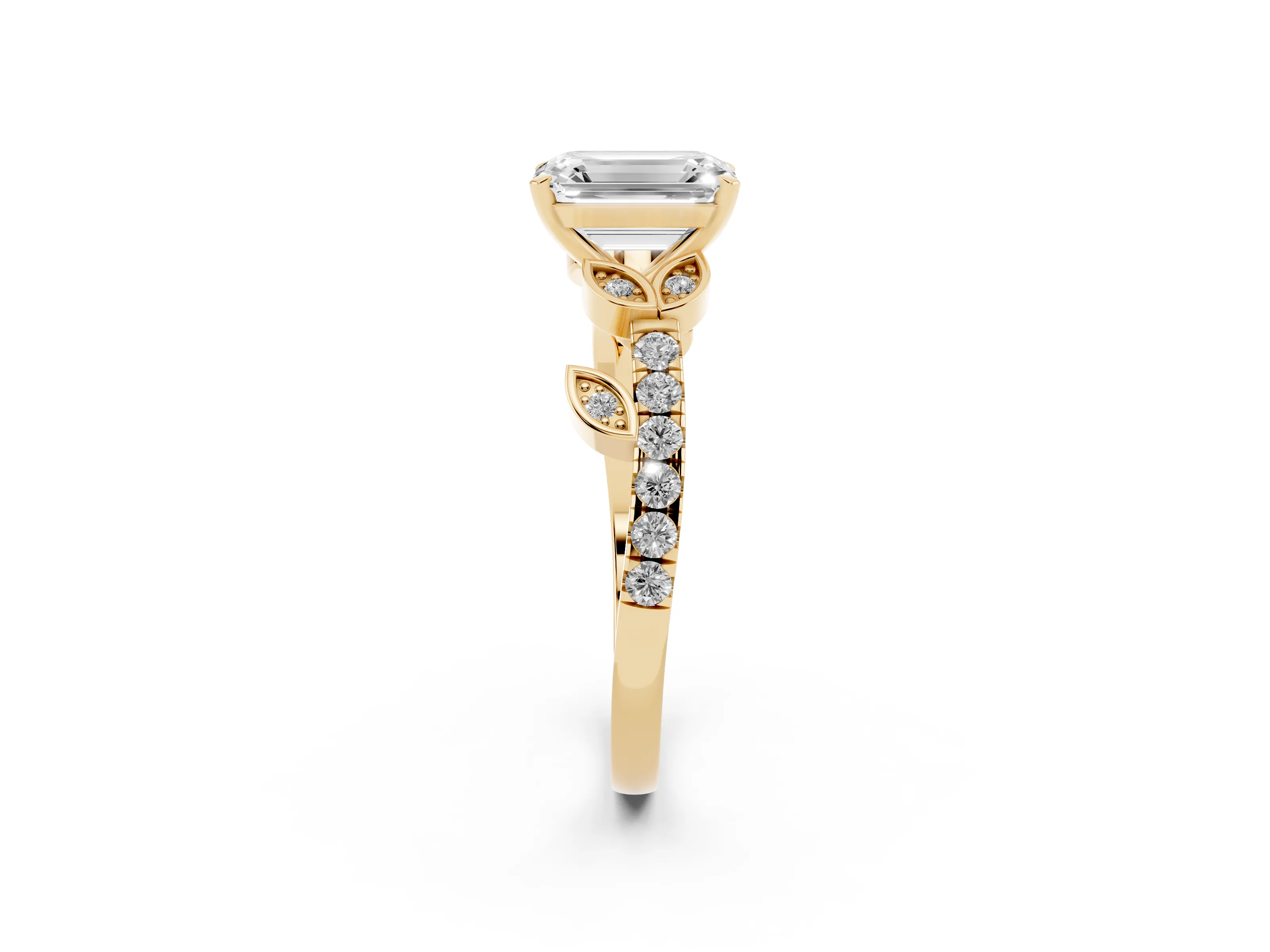 Emerald Cut Diamond Solitaire Leaf-Inspired Ring Set in Yellow gold with Pavé Band and Prong Setting