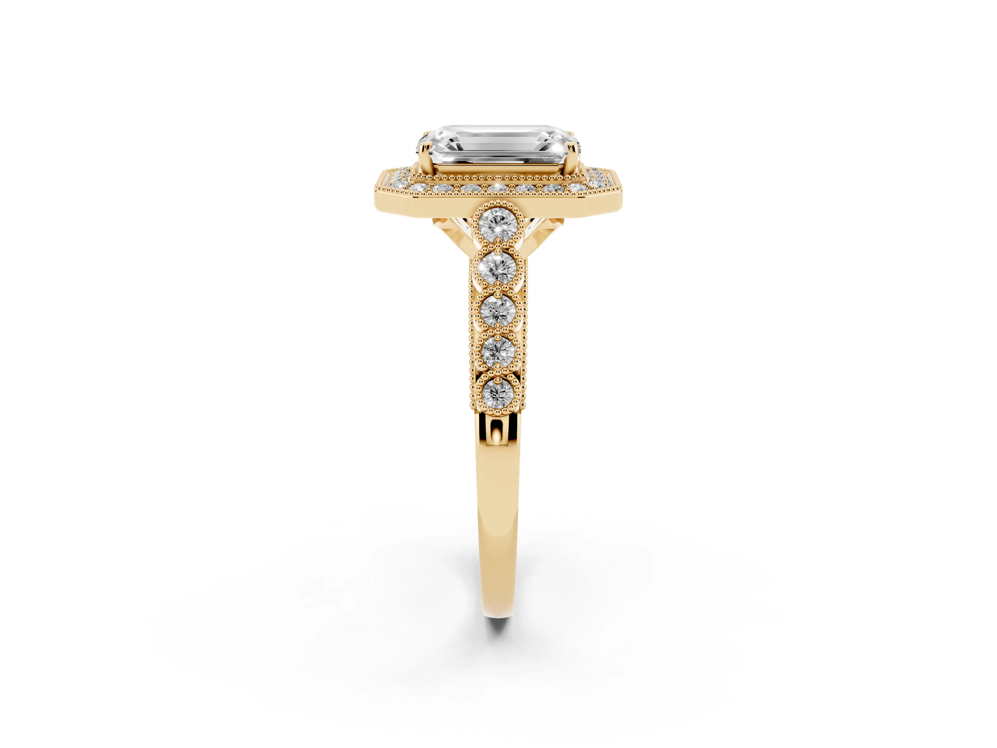 Emerald Cut Diamond Milgrain Halo Solitaire Ring Set in Yellow gold with Bezel Set Side Stones and Pavé Band