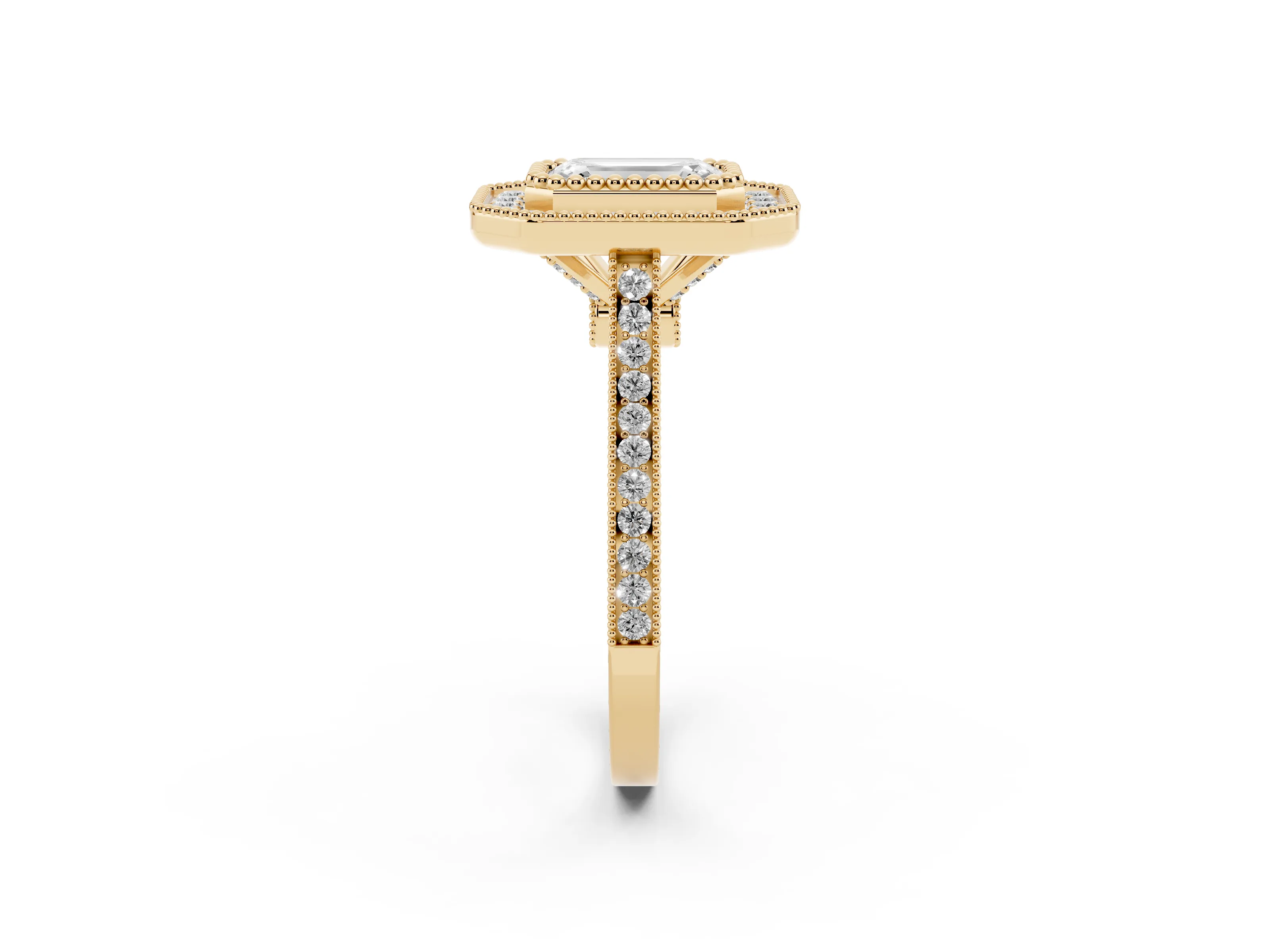 Emerald Cut Diamond Halo Ring Set in Yellow gold with Milgrain Frame and Pavé Band
