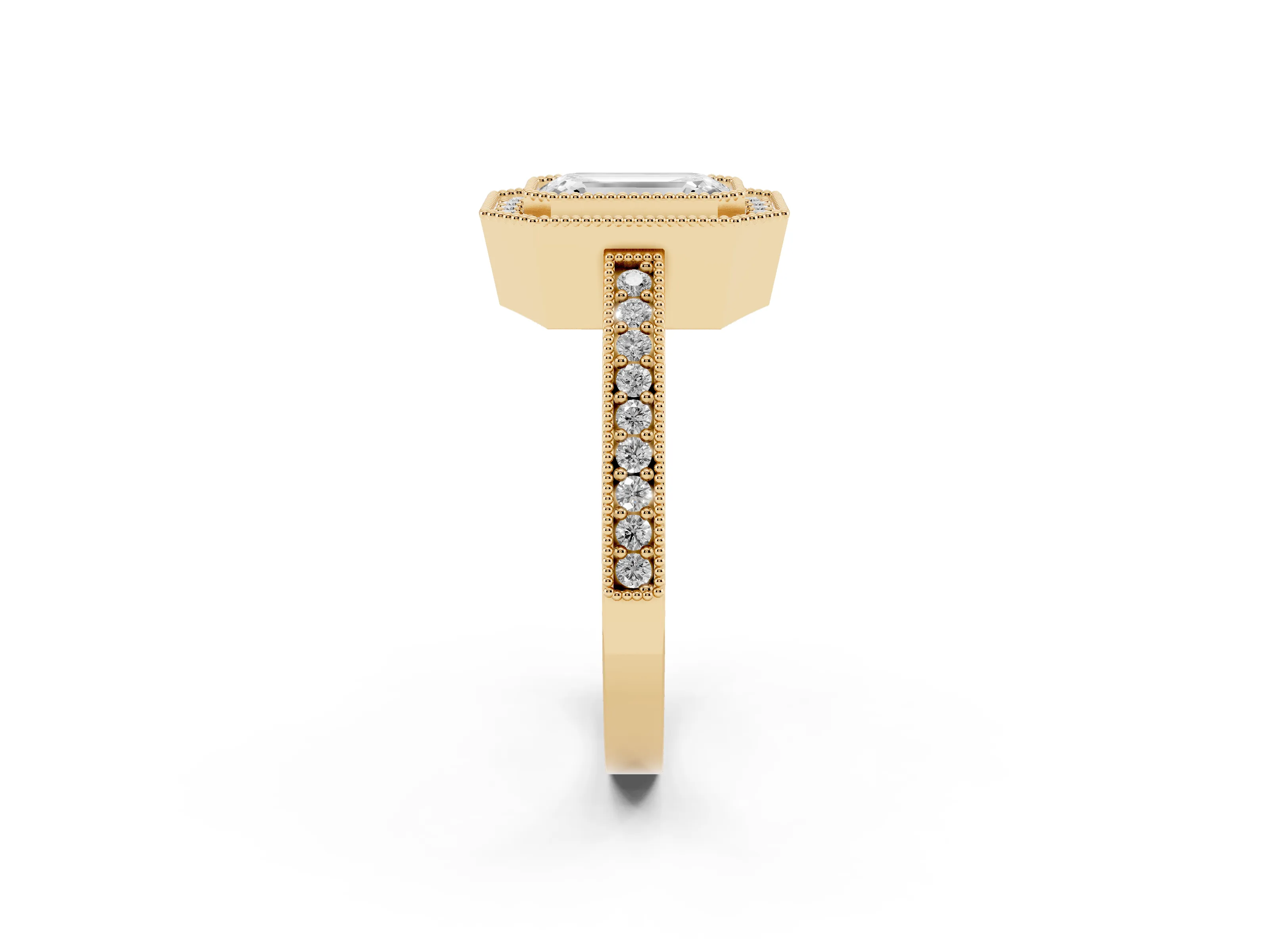Emerald Cut Diamond Halo Engagement Ring Set in Yellow gold with Pavé Band and Round Halo Stones