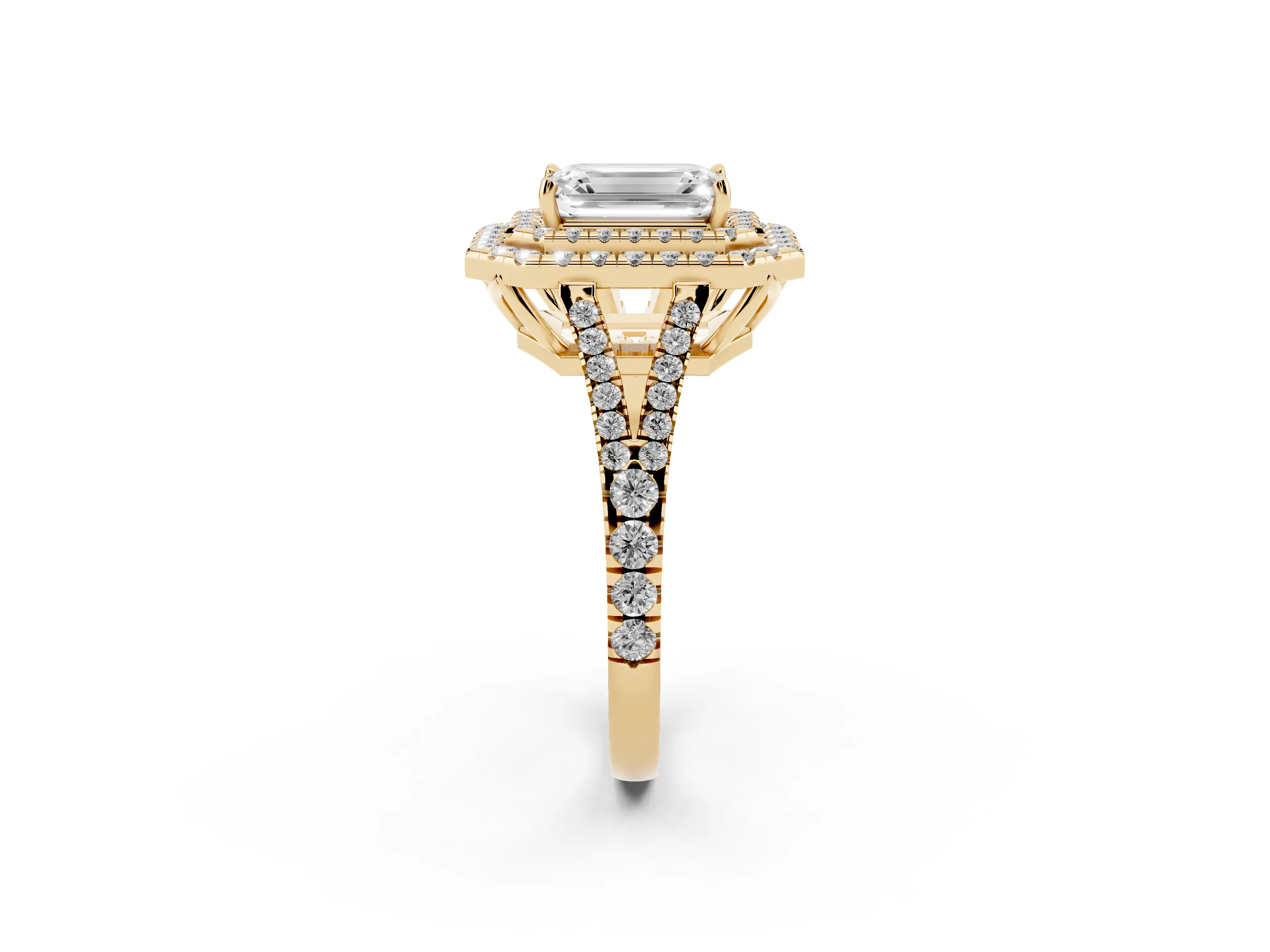 Emerald Cut Diamond Double Halo Ring Set in Yellow gold with Pavé Band