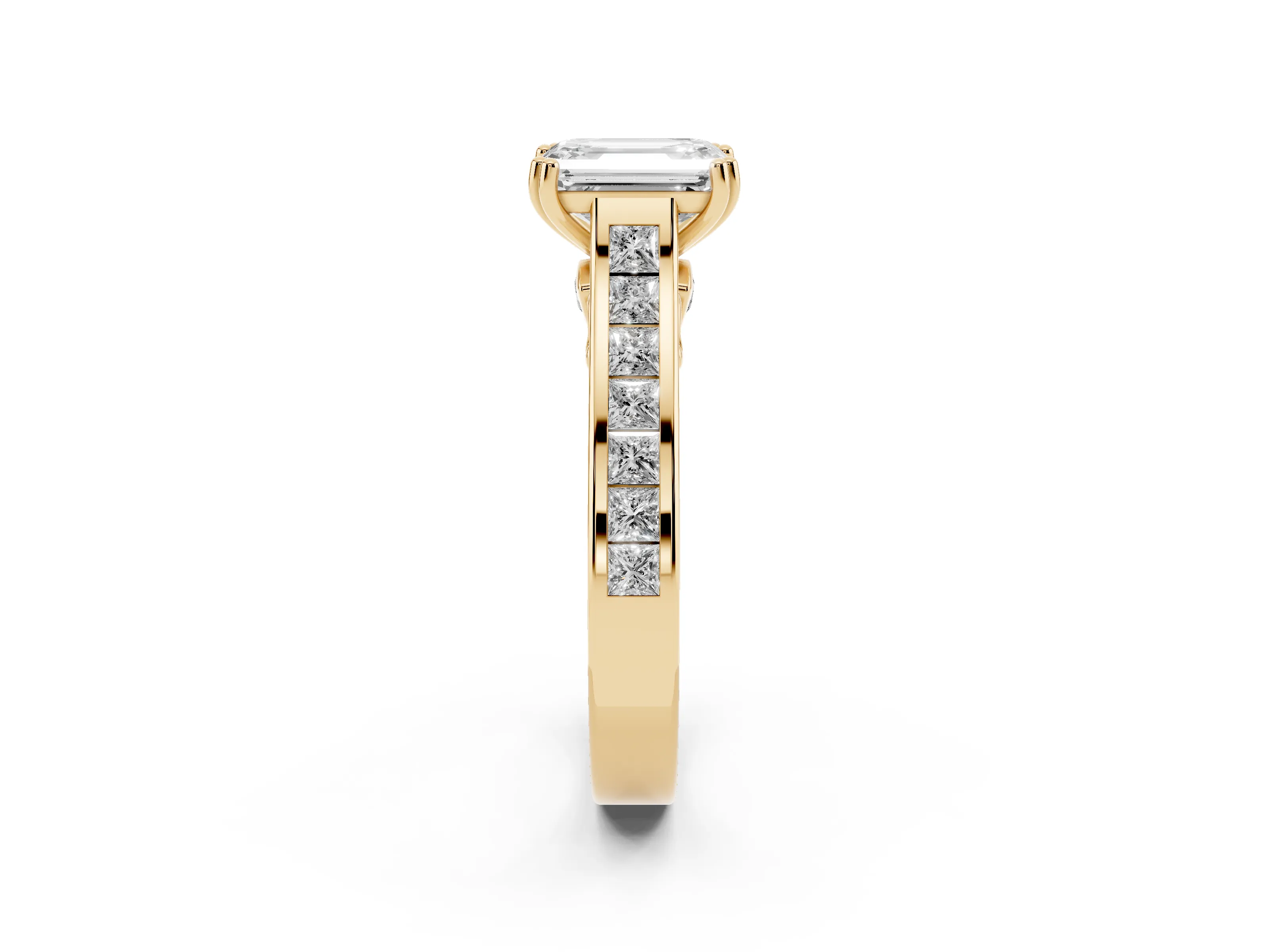 Emerald Cut Diamond Channel Set Solitaire Engagement Ring Set in Yellow gold with Prong Setting