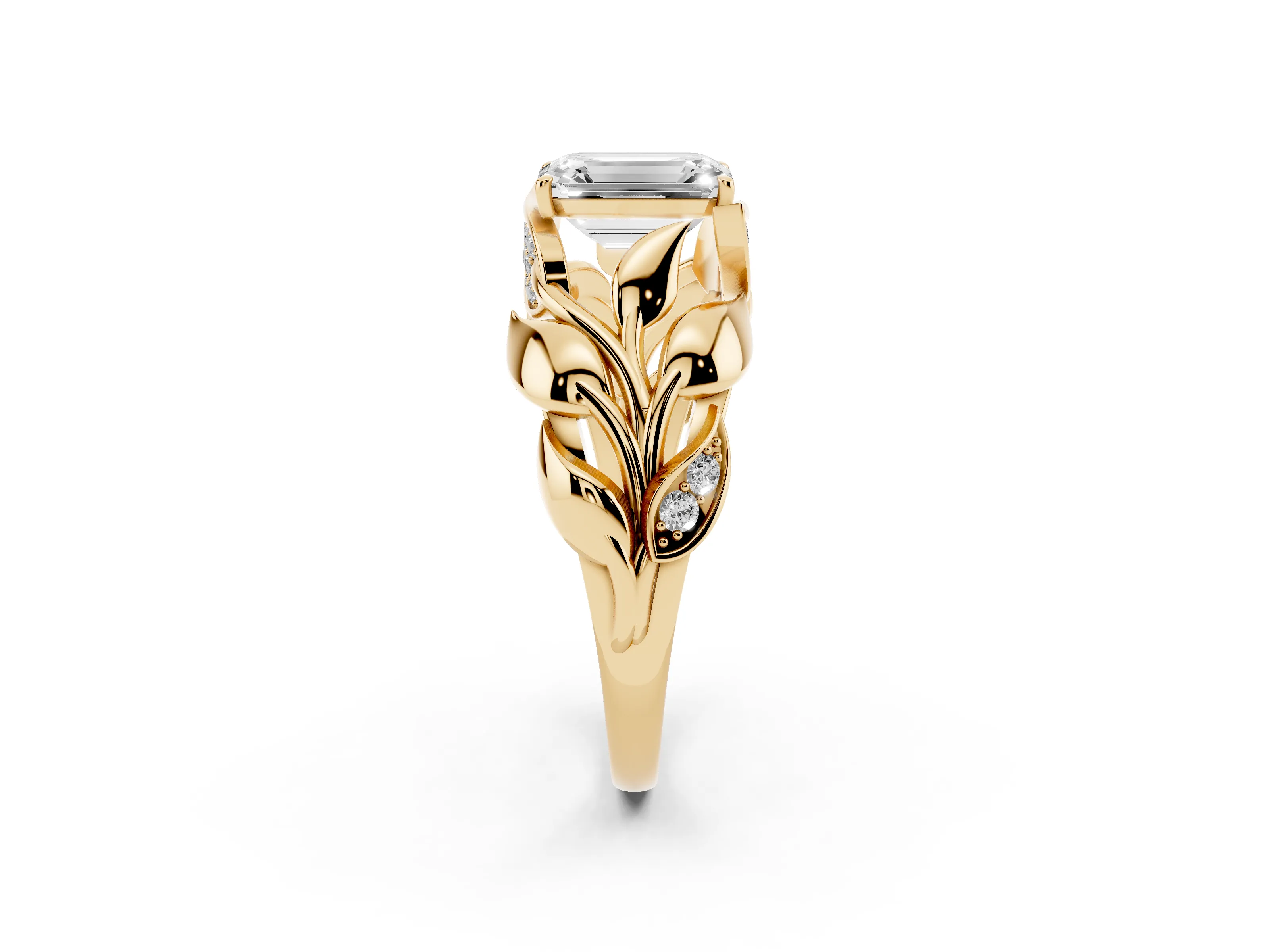 Emerald Cut Diamond Leaf-Inspired Engagement Ring Set in Yellow gold with Round Accents