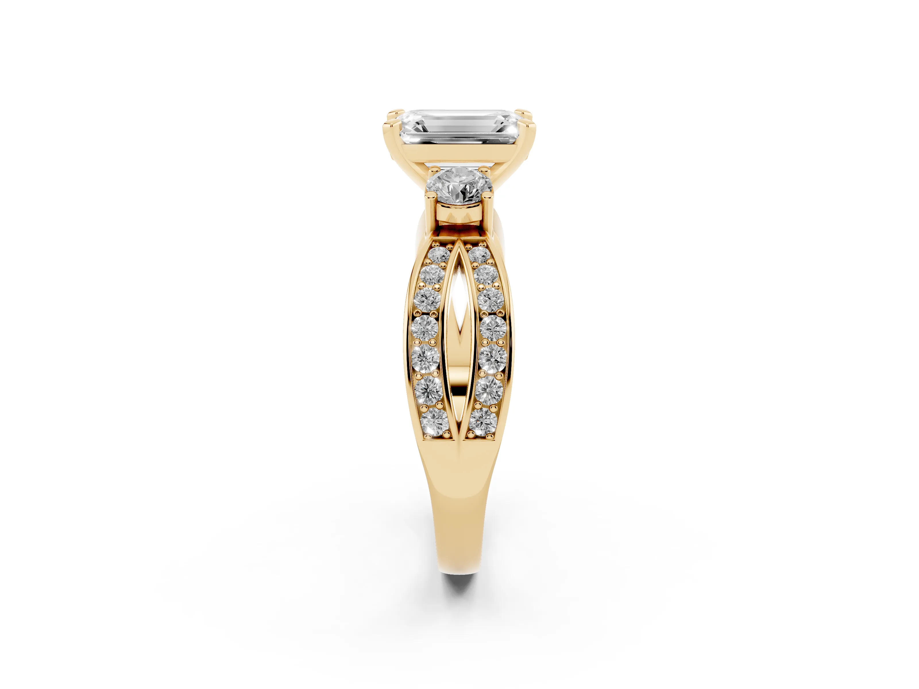 Three-Stone Emerald Cut Diamond Twist Band Ring Set in Yellow gold with Pavé Accents and Prong Setting