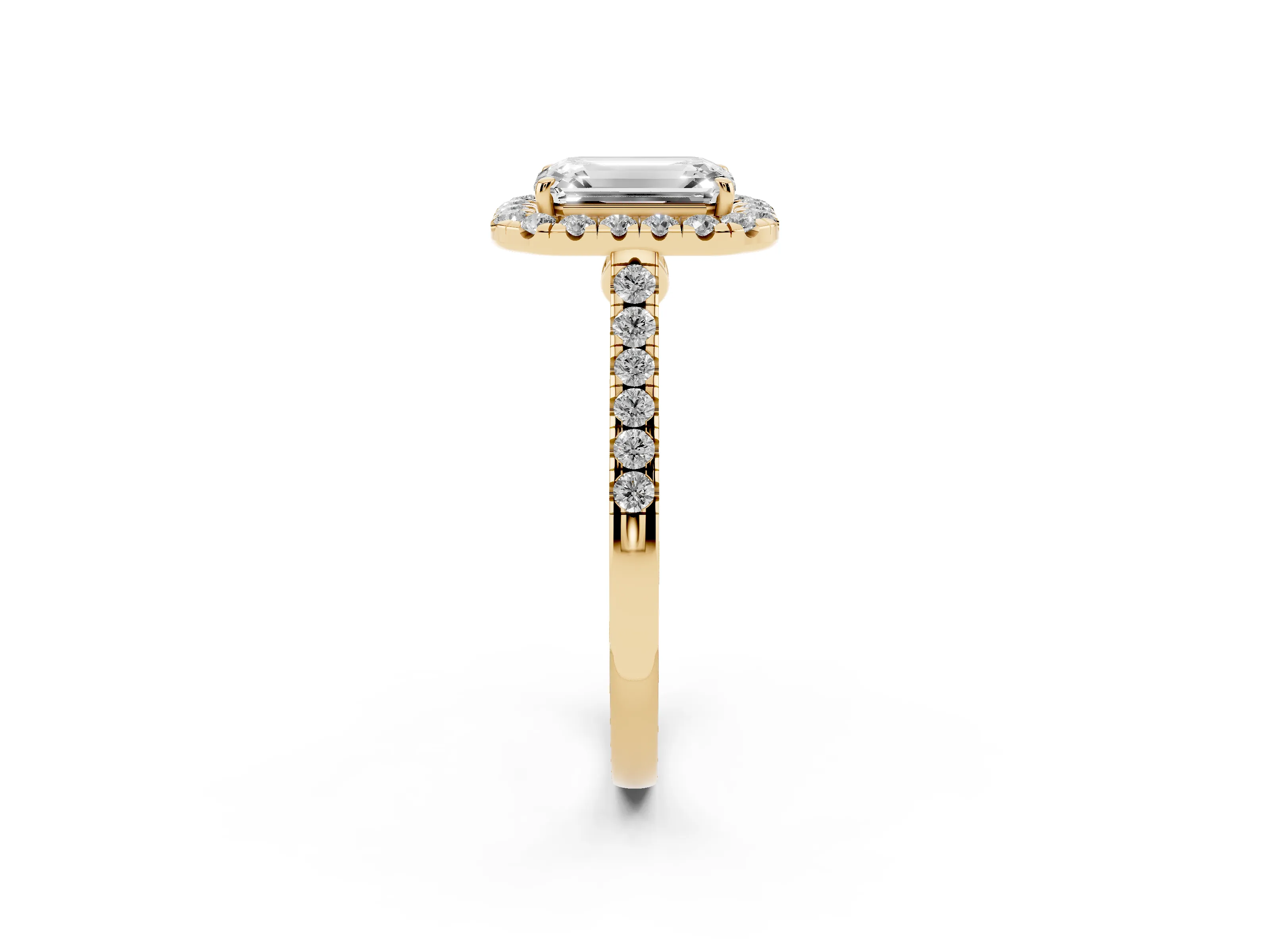 Emerald Cut Diamond Halo Pavé Engagement Ring Set in Yellow gold with Prong Setting