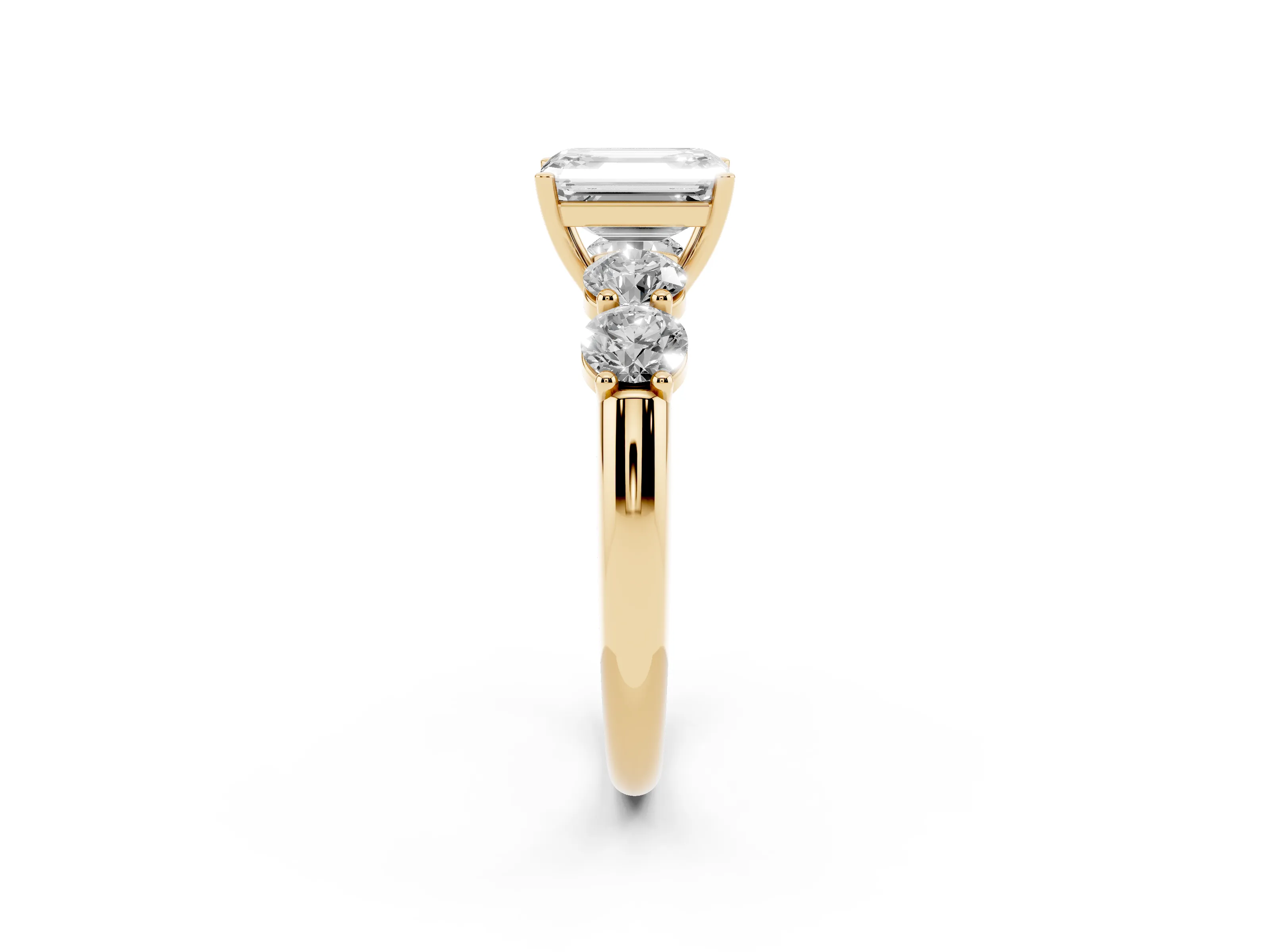 Emerald Cut Diamond Five-Stone Prong Set Ring Set in Yellow gold with Classic Band