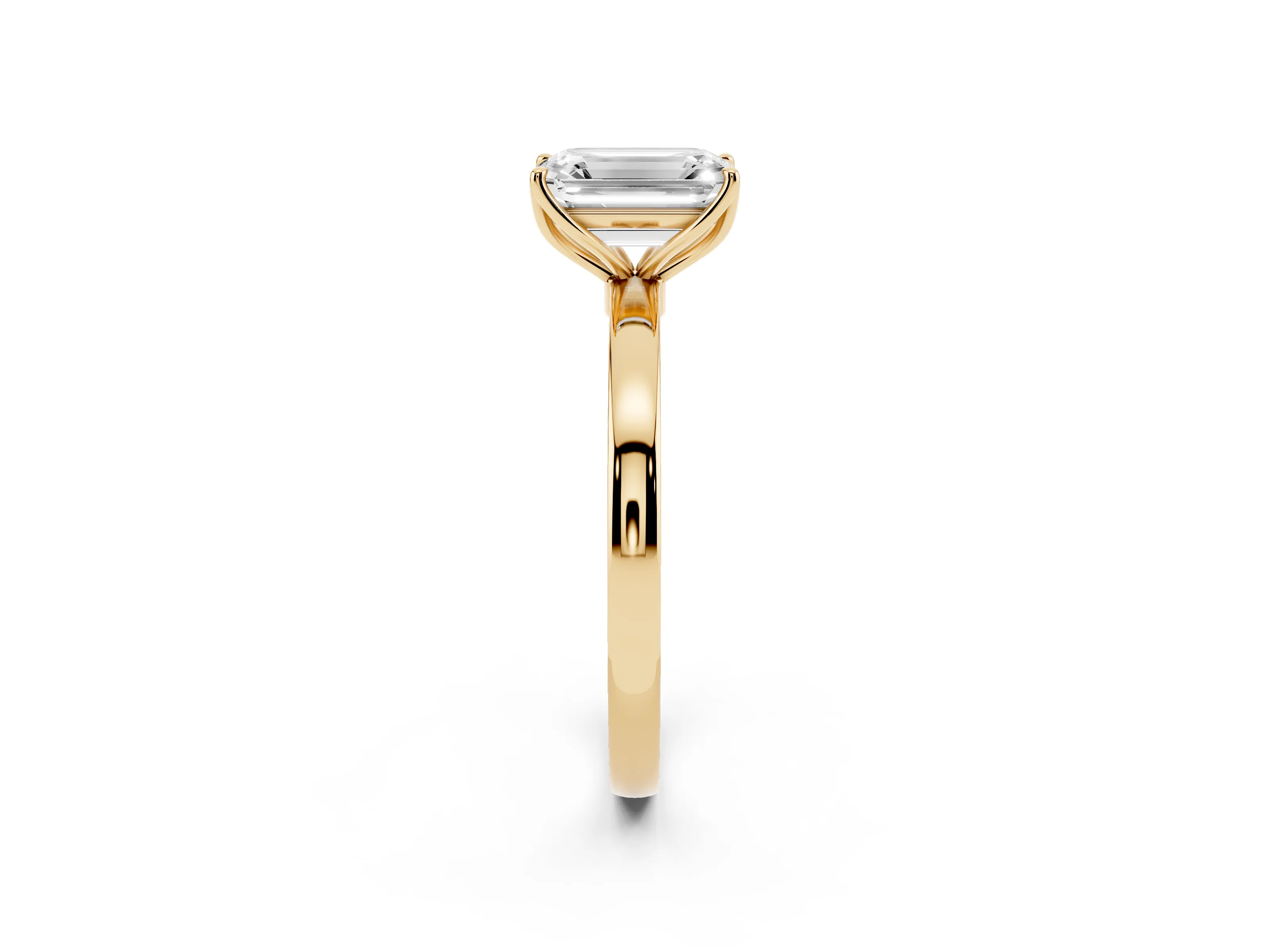 Emerald Cut Diamond Solitaire Ring Set in Yellow gold with Prong Setting and Thin Polished Band