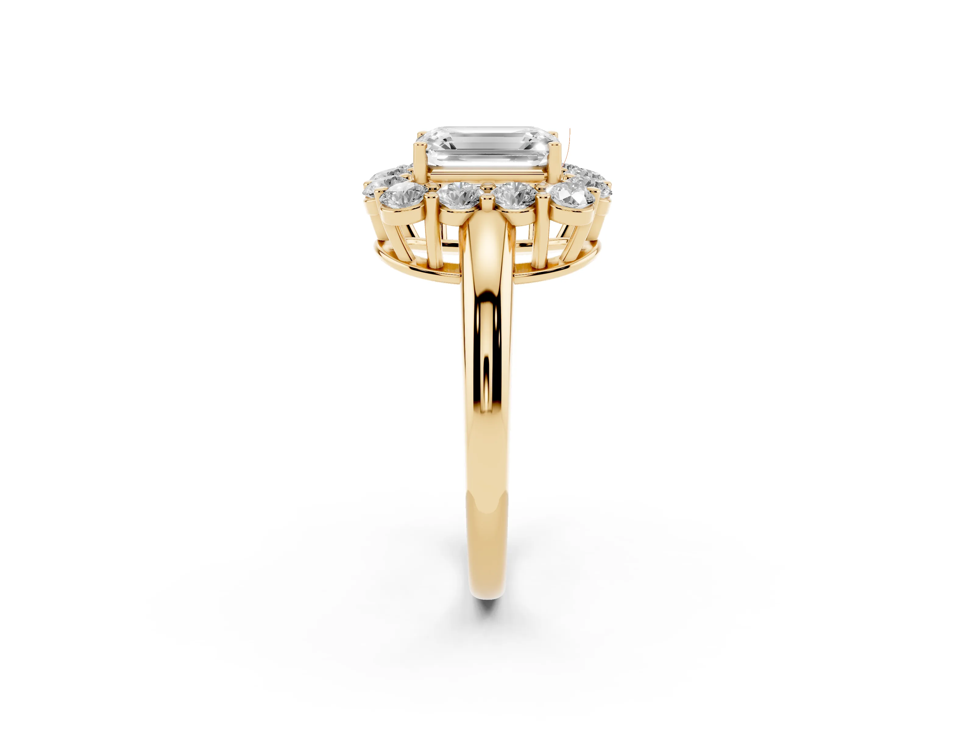 Emerald Cut Diamond Halo Cluster Engagement Ring Set in Yellow gold with Polished Band and Prong Setting