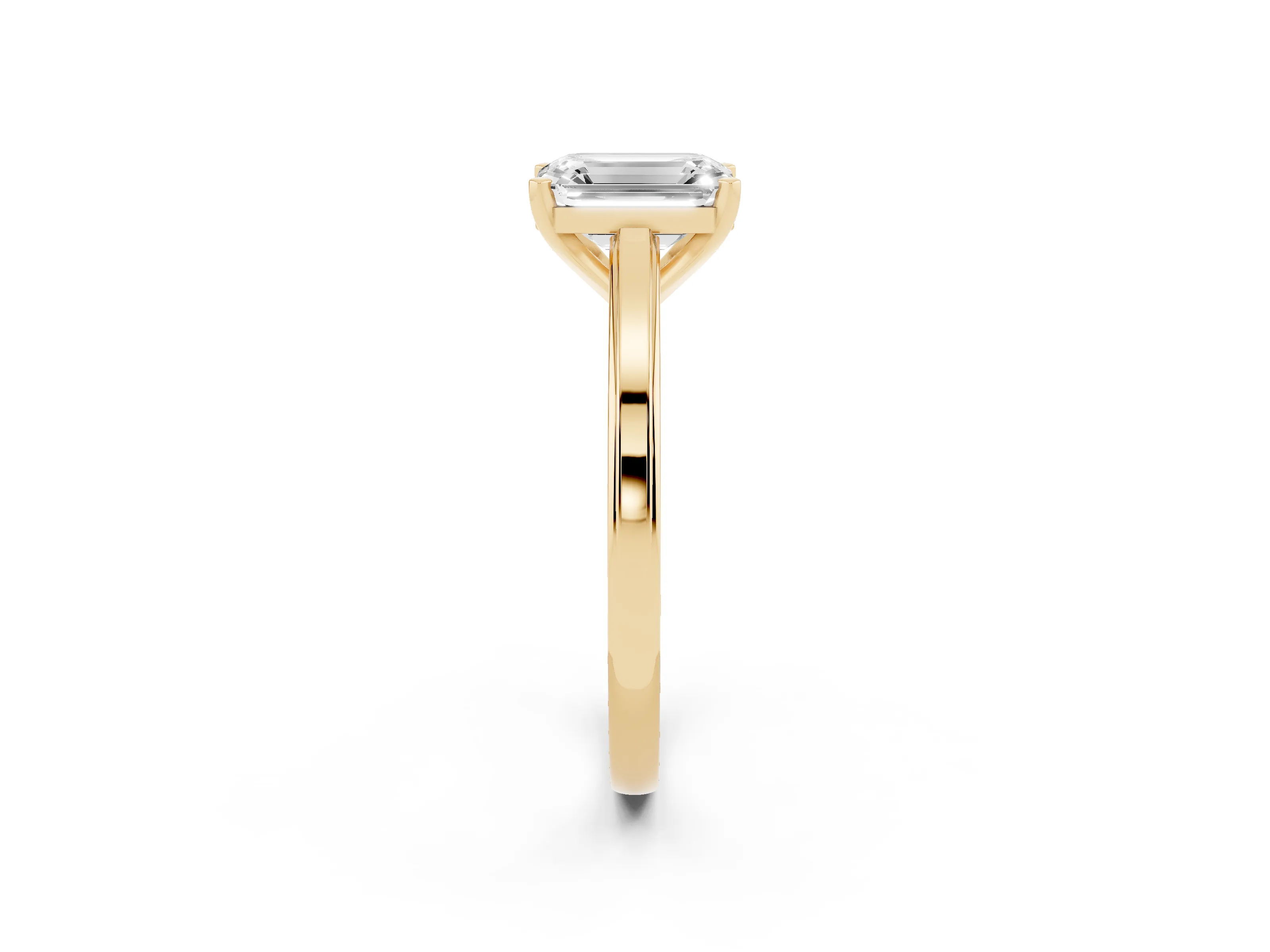 Emerald Cut Diamond Solitaire Ring Set in Yellow gold with Prong Setting and Classic Band