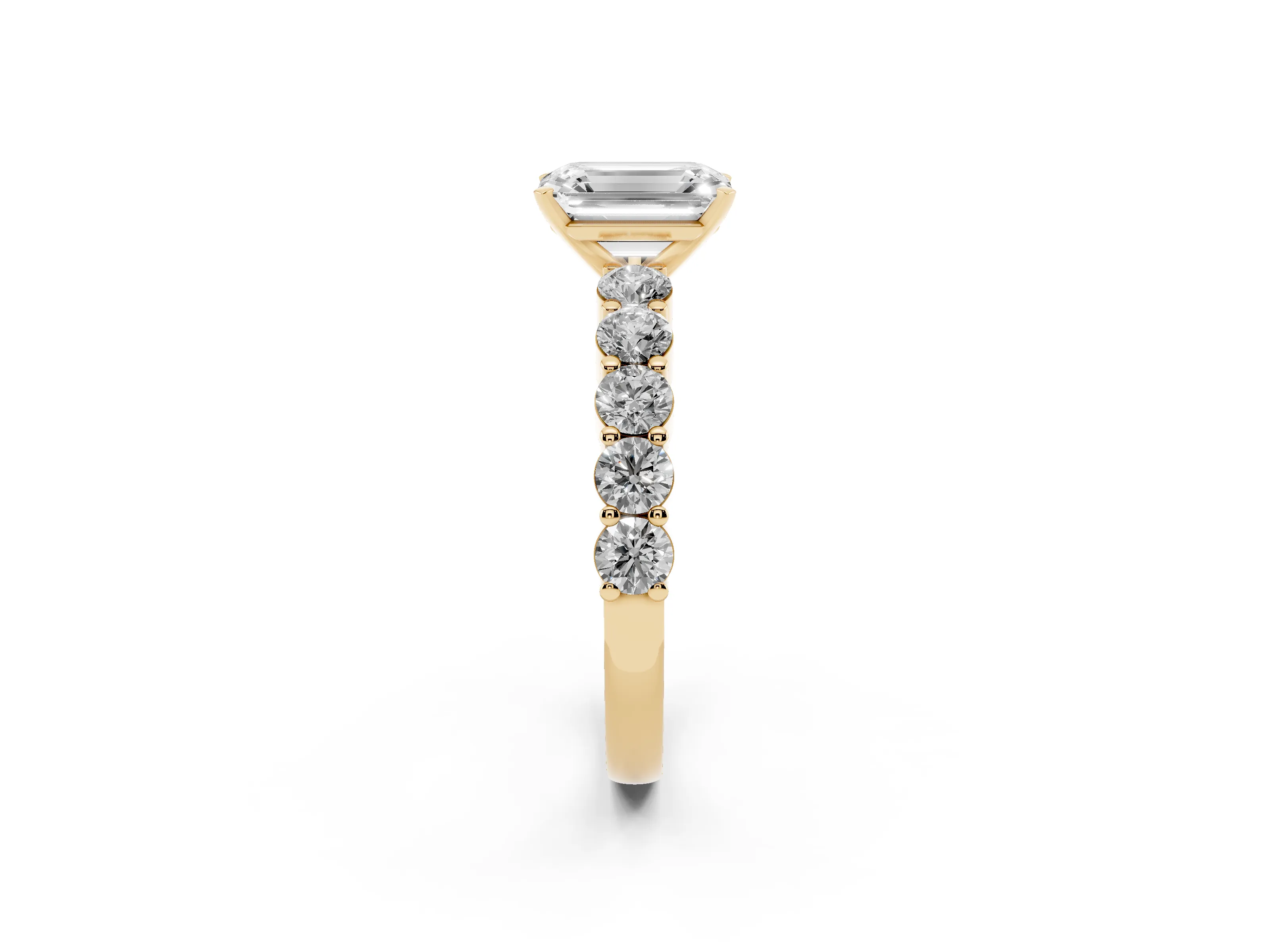 Emerald Cut Diamond Solitaire Ring Set in Yellow gold with Shared Prong Round Side Stones