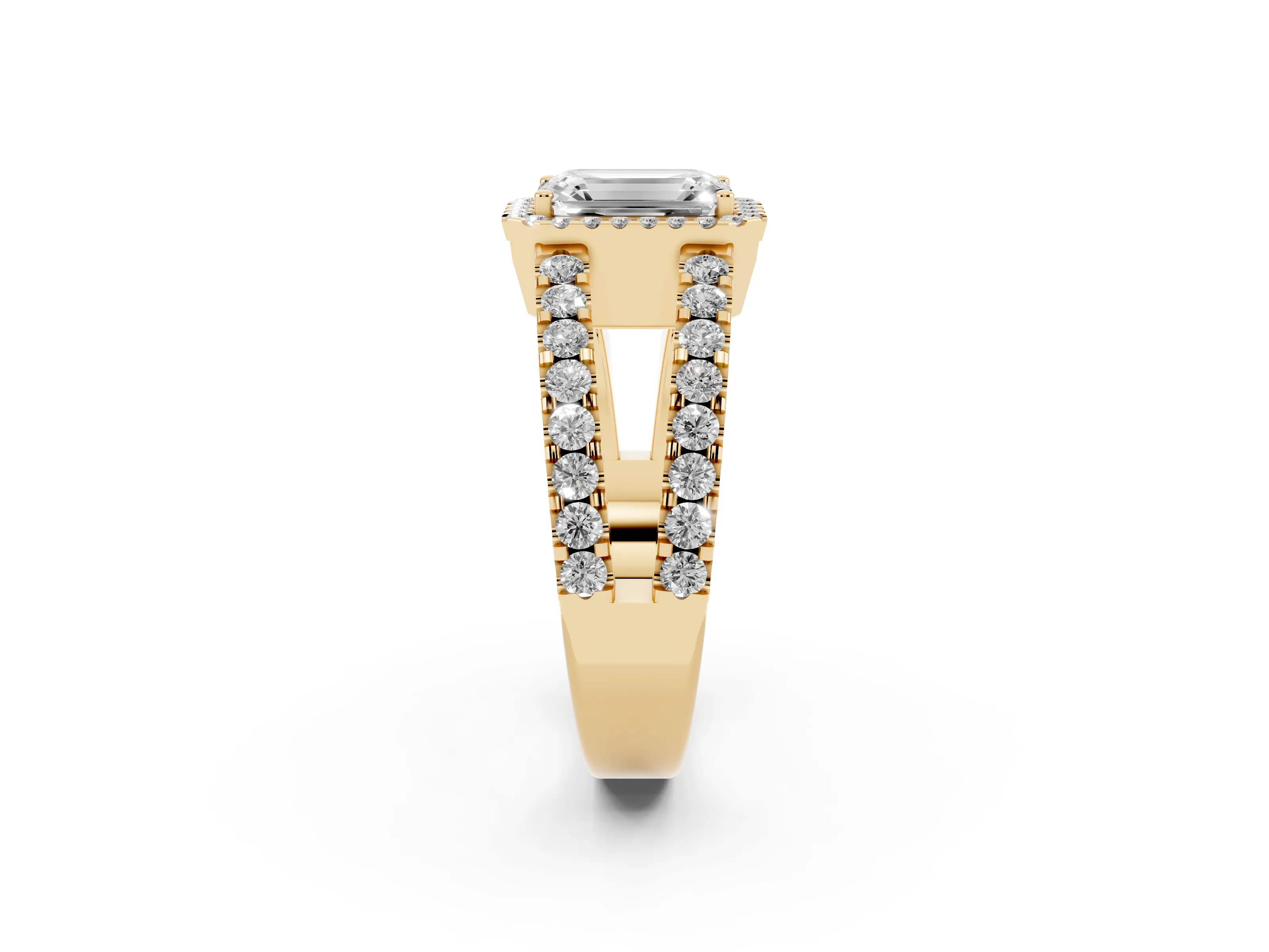 Emerald Cut Diamond Halo Ring Set in Yellow gold with Pavé Split Shank and Prong Setting