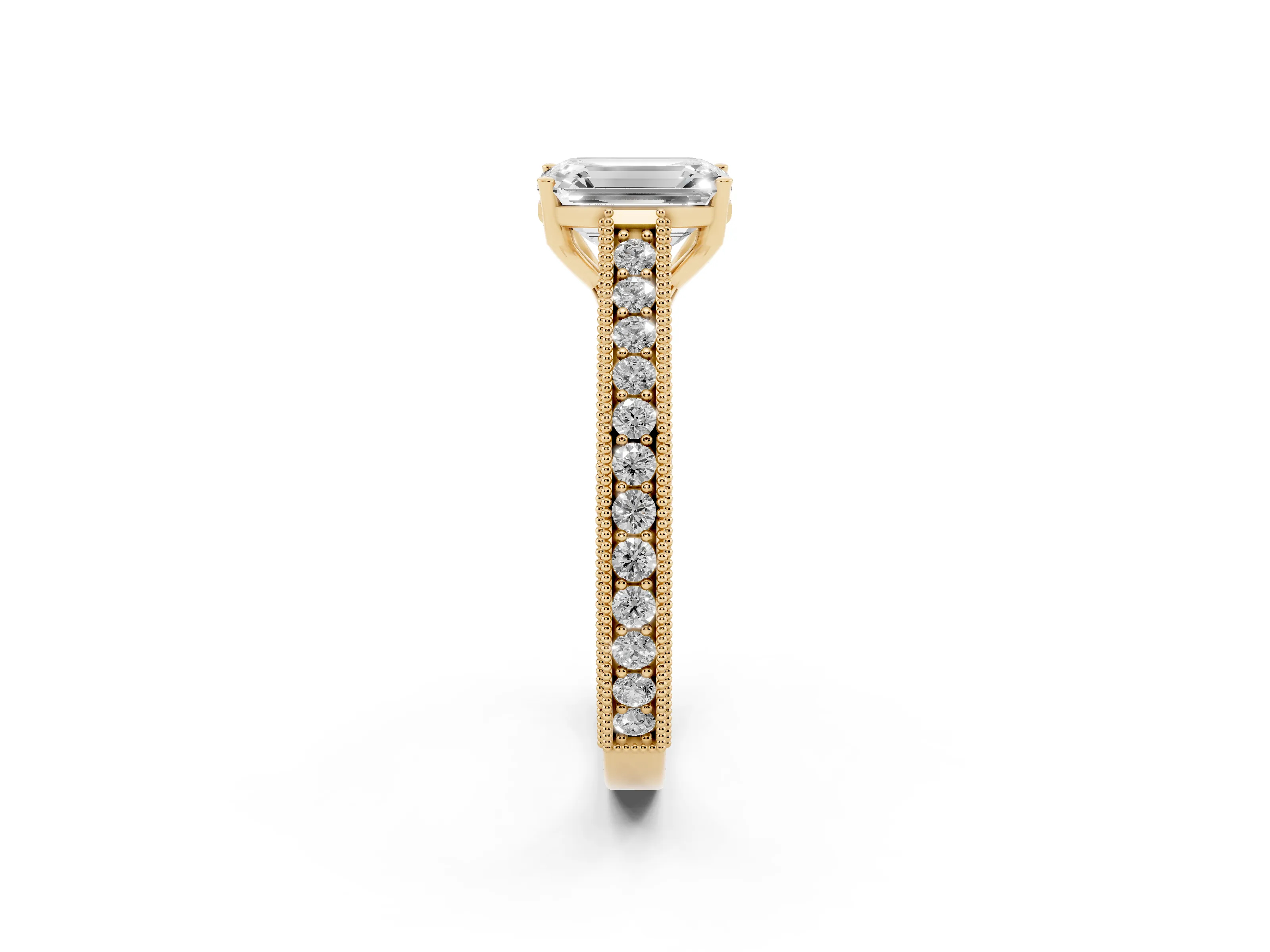 Emerald Cut Diamond Milgrain Pavé Band Solitaire Ring Set in Yellow gold with Prong Setting
