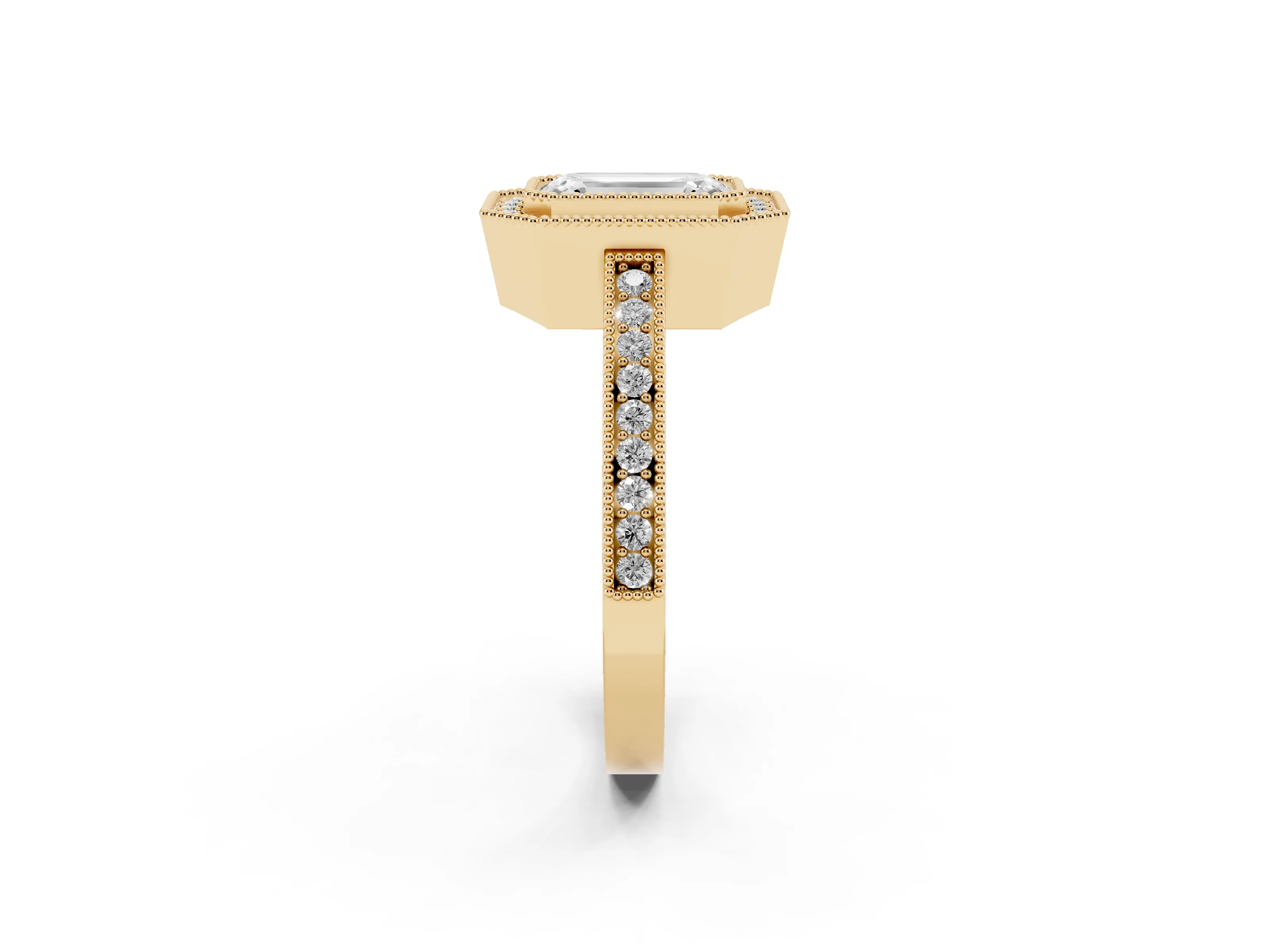 Emerald Cut Diamond Round Halo Ring Set in Yellow gold with Pavé Band
