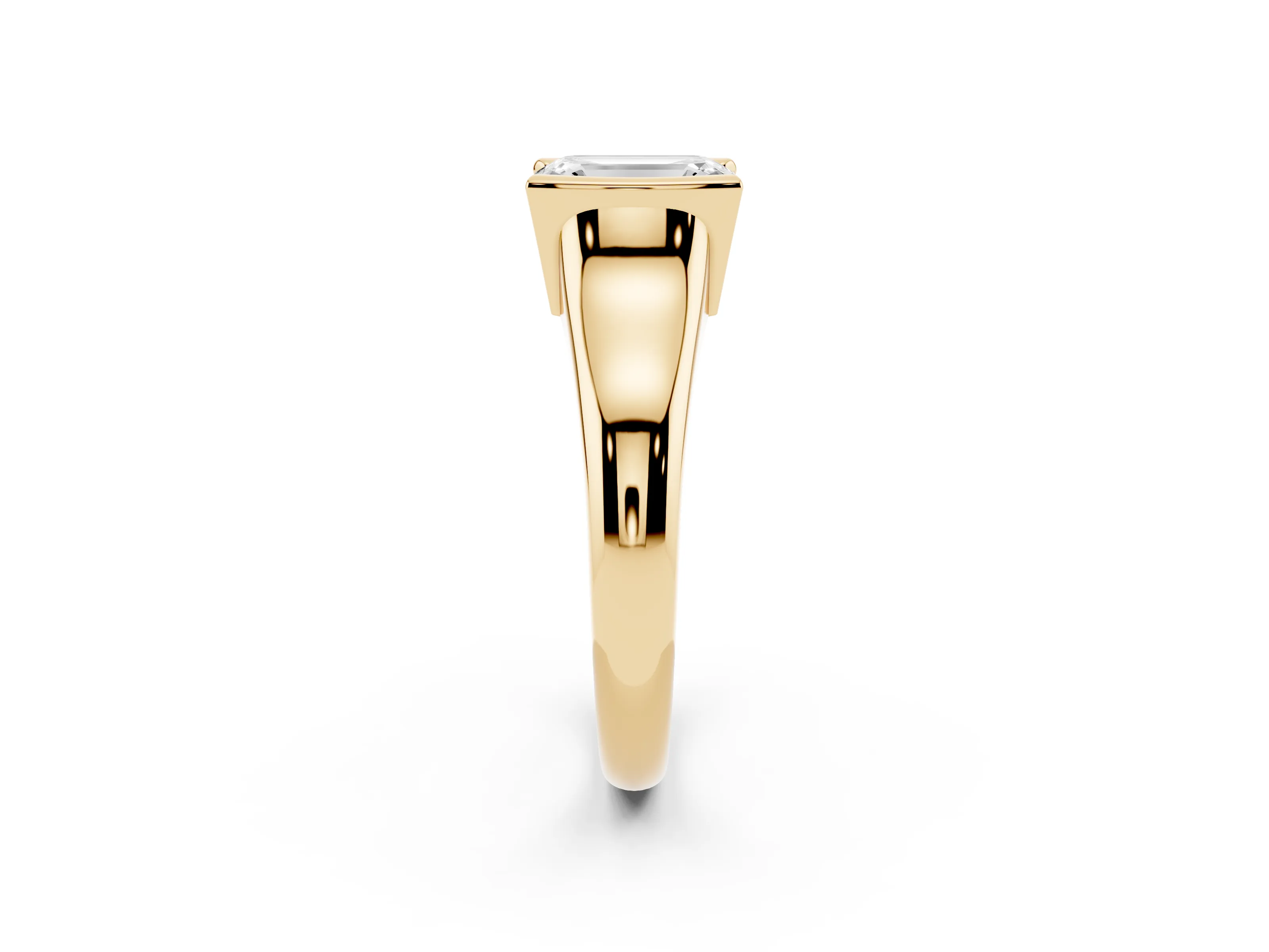 Emerald Cut Diamond Solitaire Tension Set Ring Set in Yellow gold with Split Shank Band