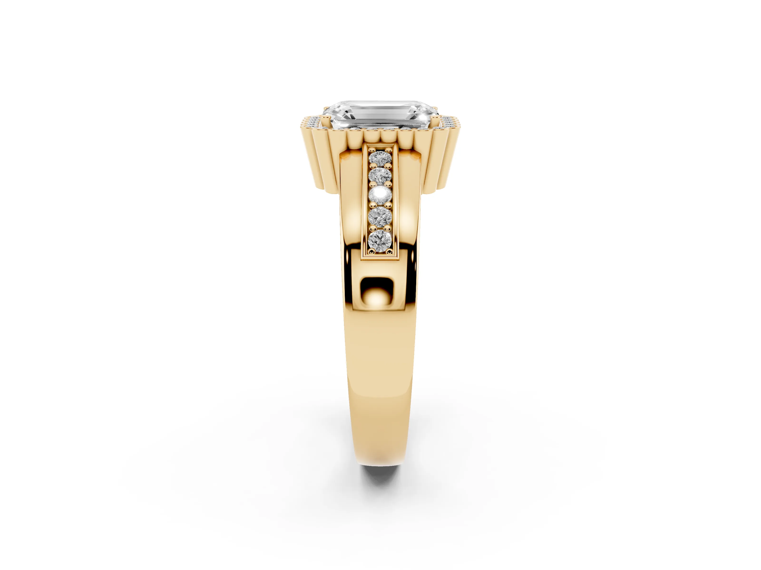 Emerald Cut Diamond Halo Prong Ring Set in Yellow gold with Pavé Band