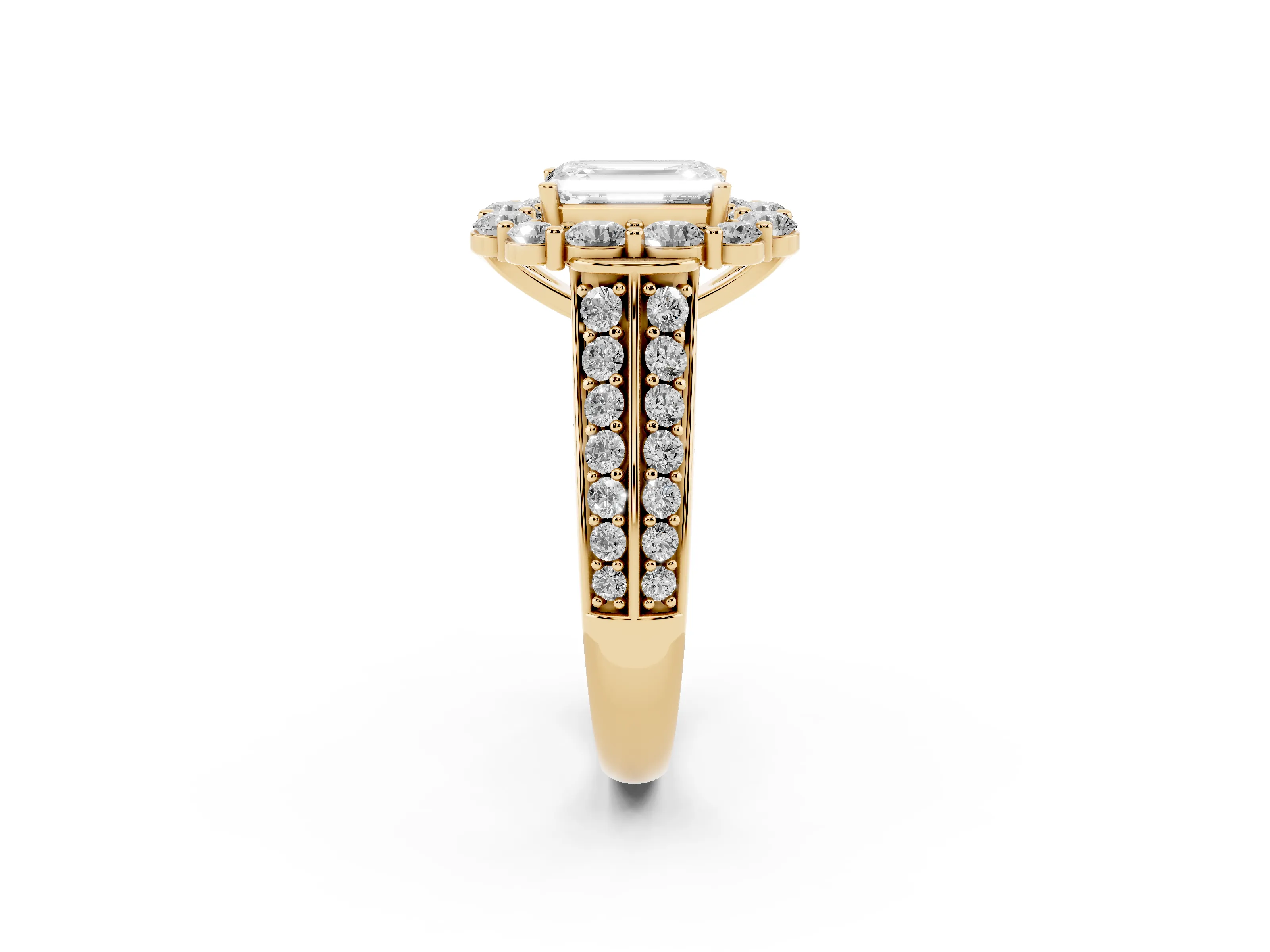 Emerald Cut Diamond Halo Engagement Ring Set in Yellow gold with Split Shank and Prong Setting
